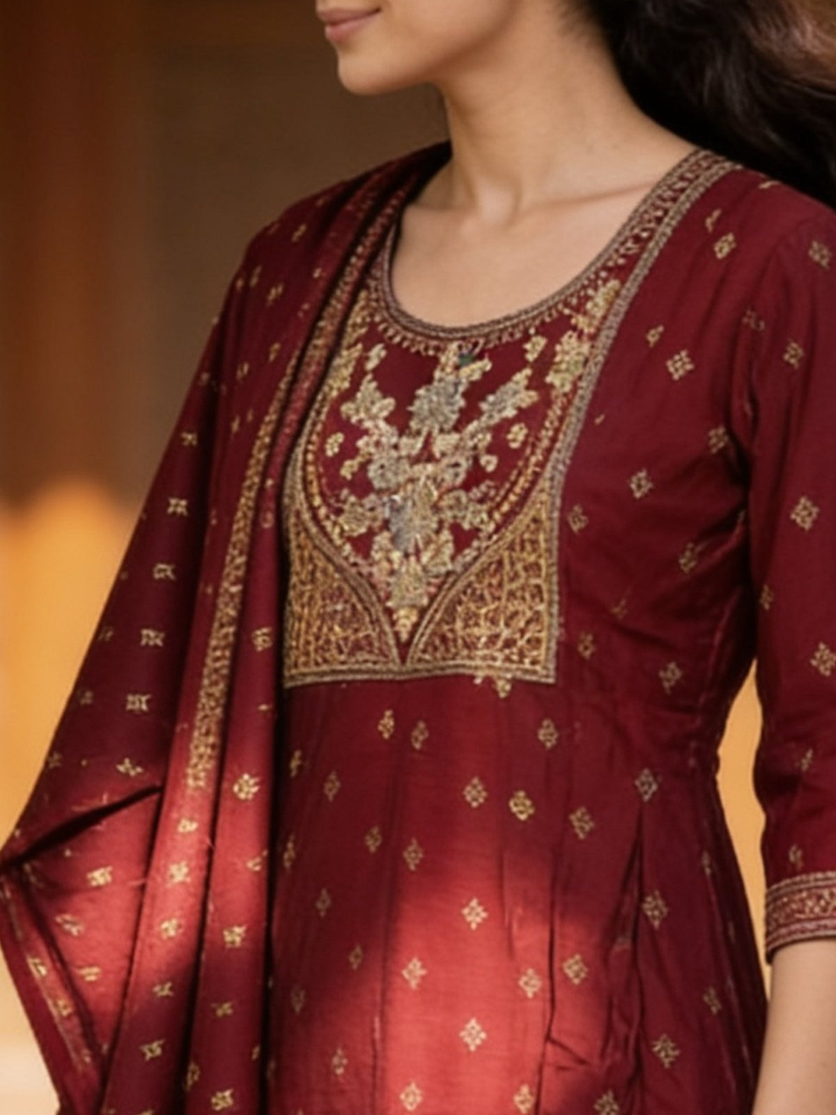 Poly Viscose Embroidered Anarkali Calf Length Kurta With Pant and Dupatta