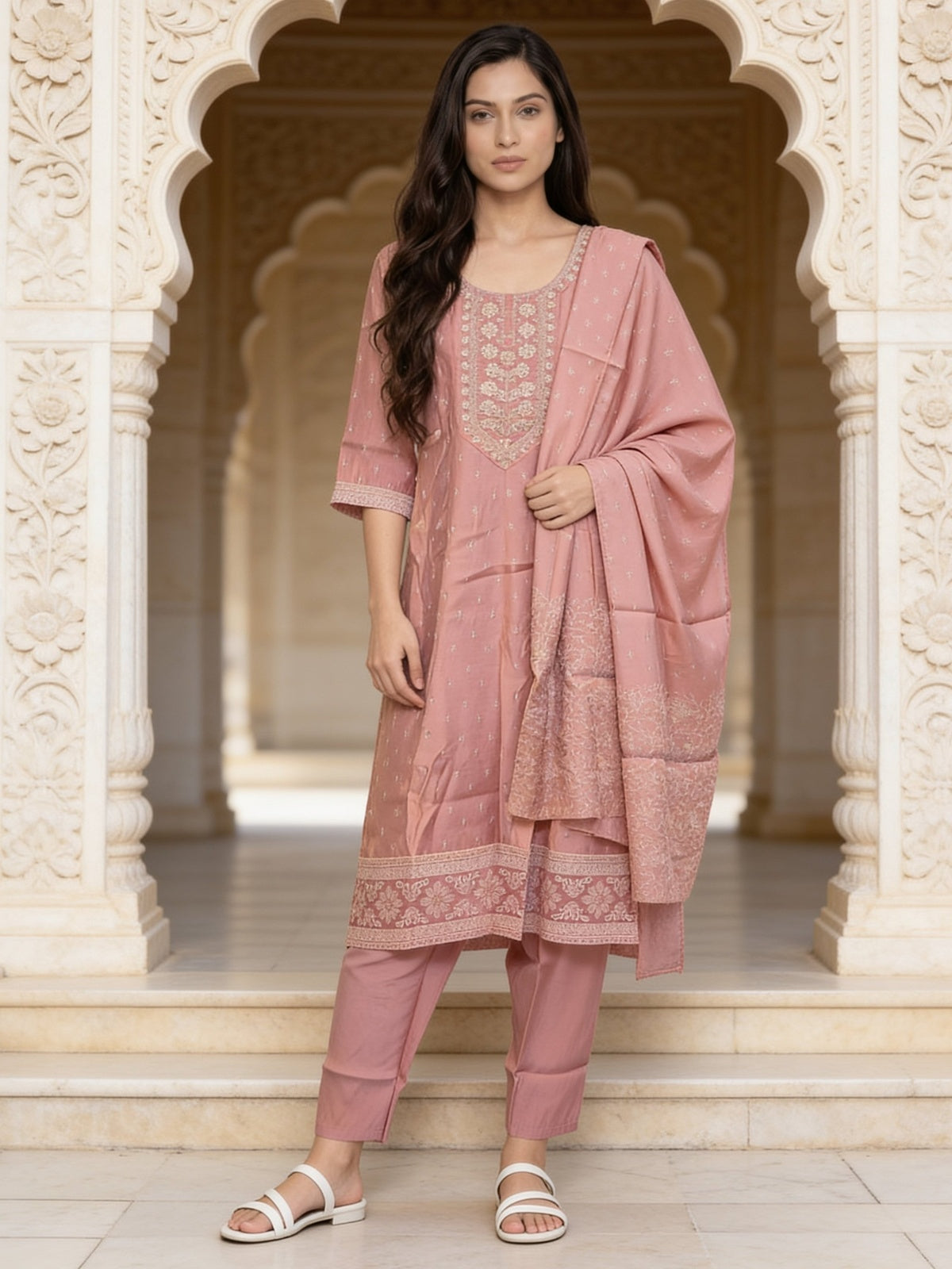 Buy Poly Viscose Embroidered Anarkali Calf Length Kurta With Pant and Dupatta-Peach