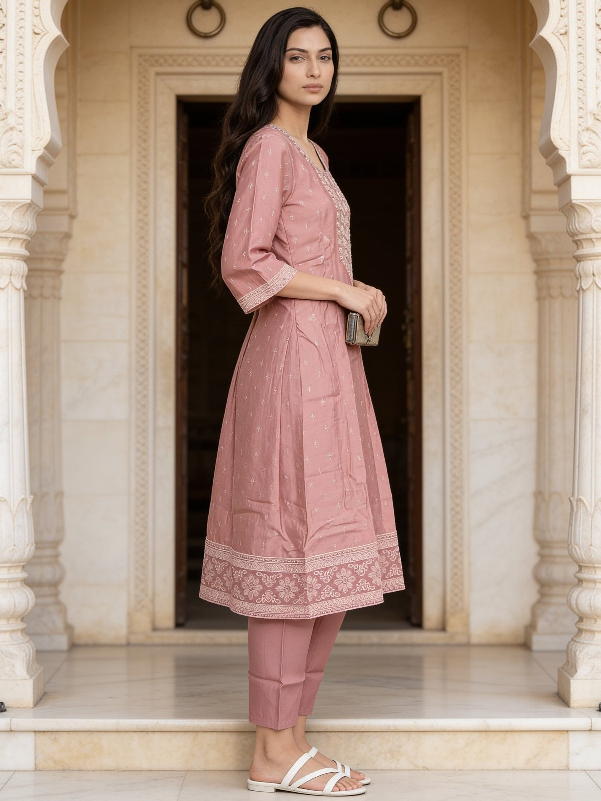 Buy Poly Viscose Embroidered Anarkali Calf Length Kurta With Pant and Dupatta-Peach