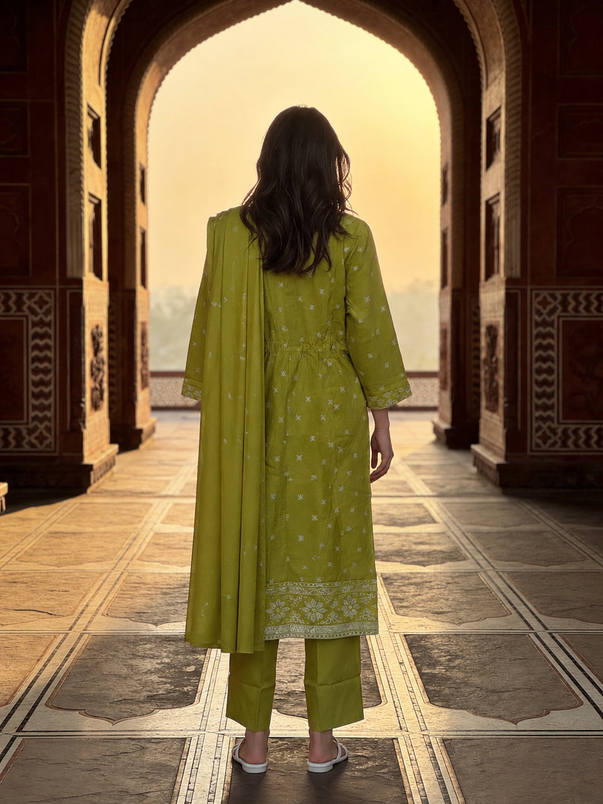 Buy Viscose Embroidered Straight Calf Length Kurta With Pant and Dupatta-Olive Green