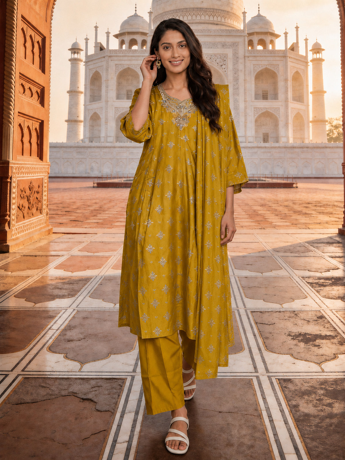 Buy Viscose Embroidered Straight Calf Length Kurta With Pant and Dupatta-Yellow