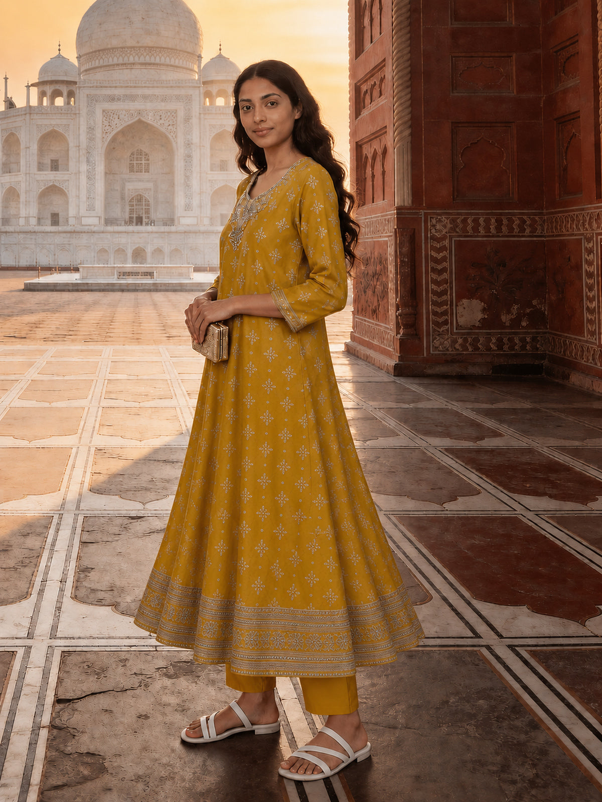 Buy Viscose Embroidered Straight Calf Length Kurta With Pant and Dupatta-Yellow