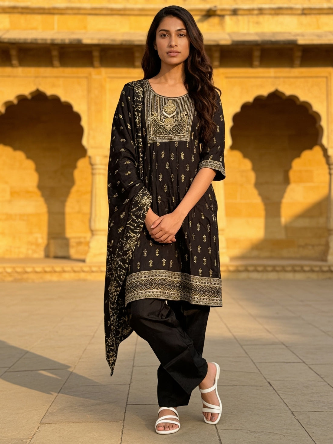 Buy Poly Viscose Embroidered Anarkali Calf Length Kurta With Pant and Dupatta-Black