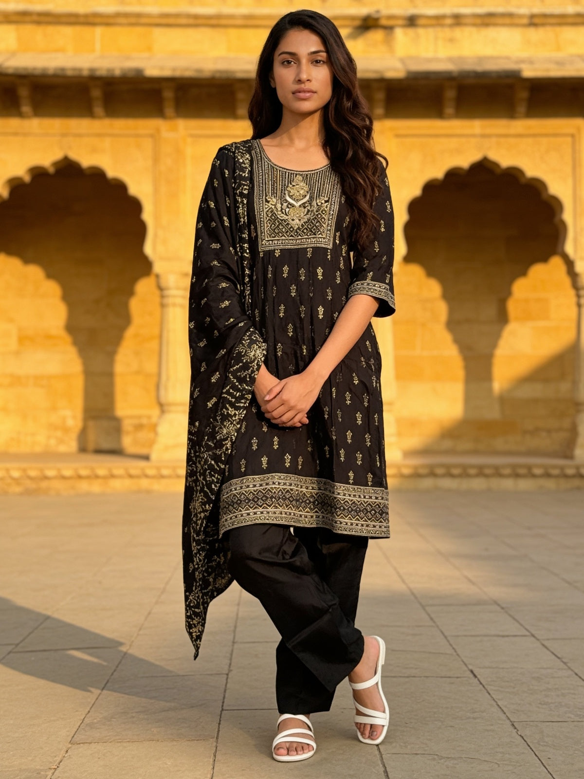Buy Poly Viscose Embroidered Anarkali Calf Length Kurta With Pant and Dupatta-Black