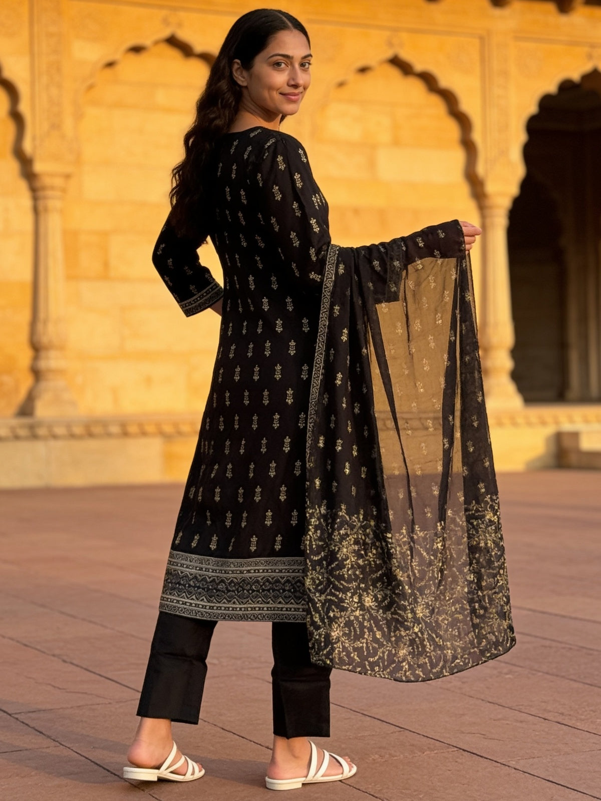 Poly Viscose Embroidered Anarkali Calf Length Kurta With Pant and Dupatta
