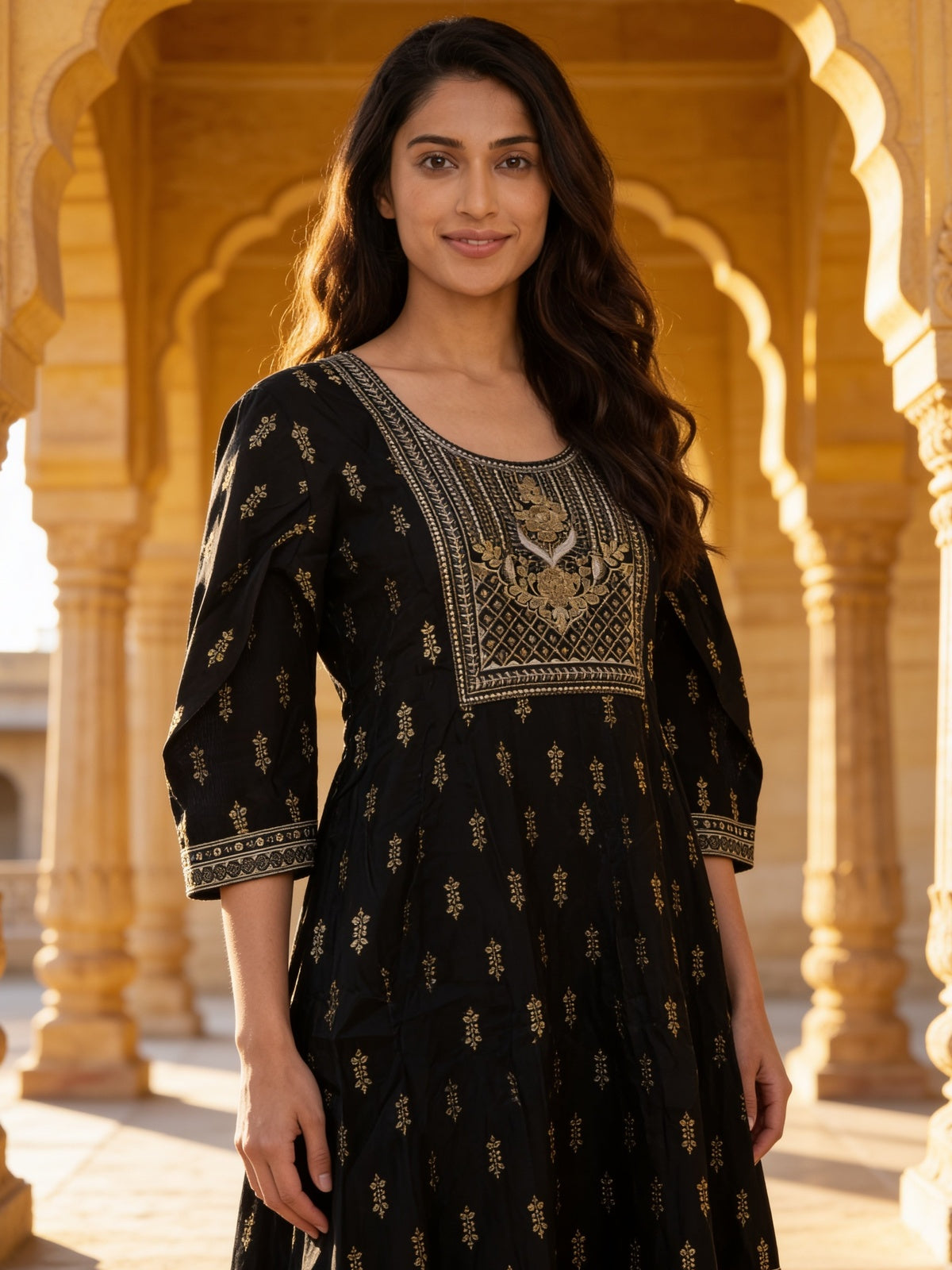 Buy Poly Viscose Embroidered Anarkali Calf Length Kurta With Pant and Dupatta-Black