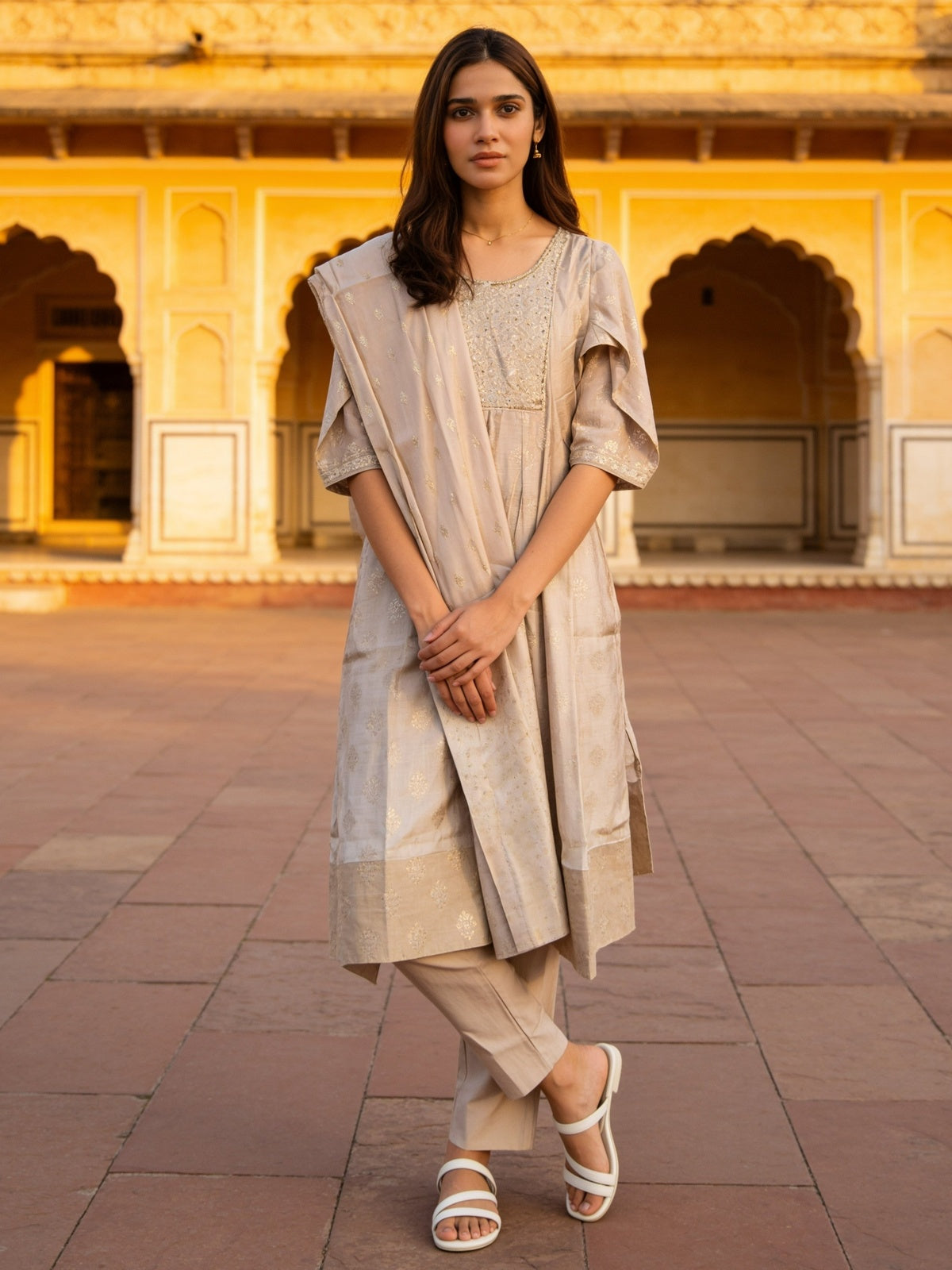 Buy Viscose Embroidered Flared Calf Length Kurta With Pant and Dupatta-Grey