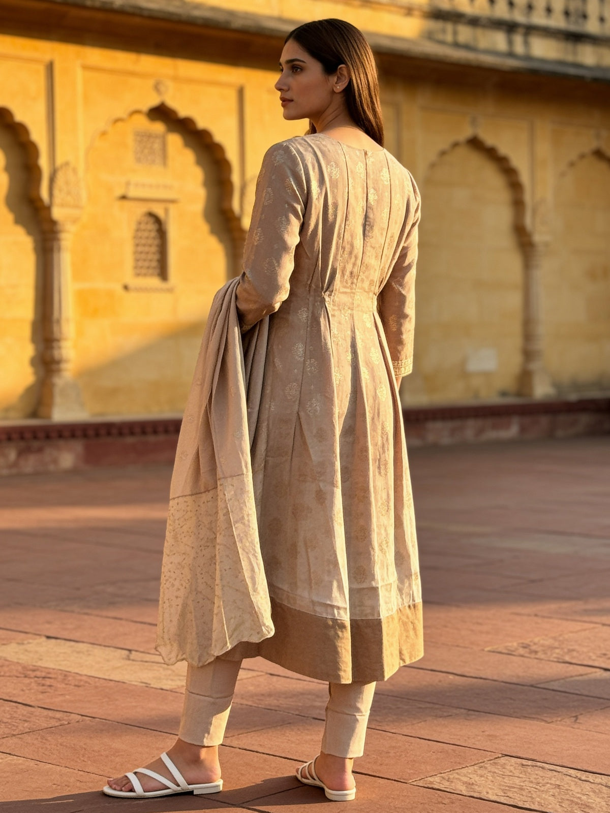 Viscose Embroidered Flared Calf Length Kurta With Pant and Dupatta