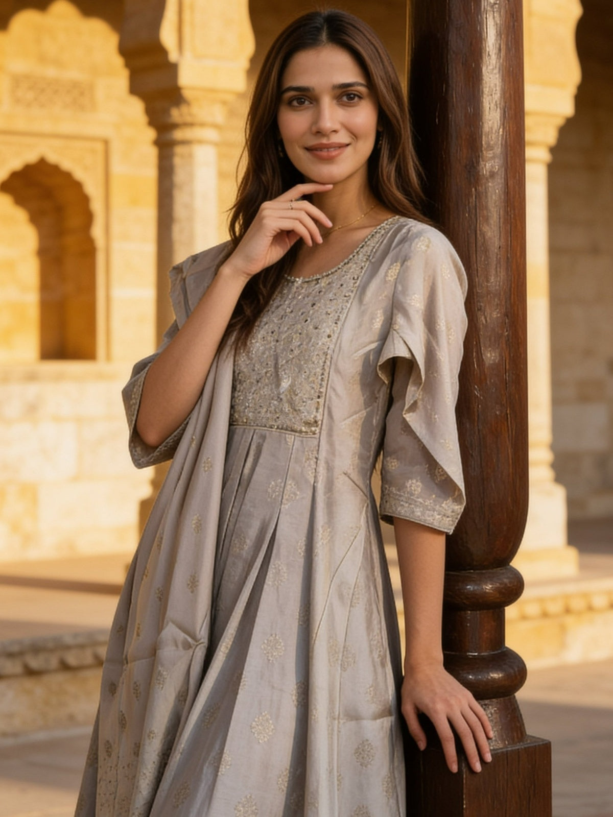 Viscose Embroidered Flared Calf Length Kurta With Pant and Dupatta