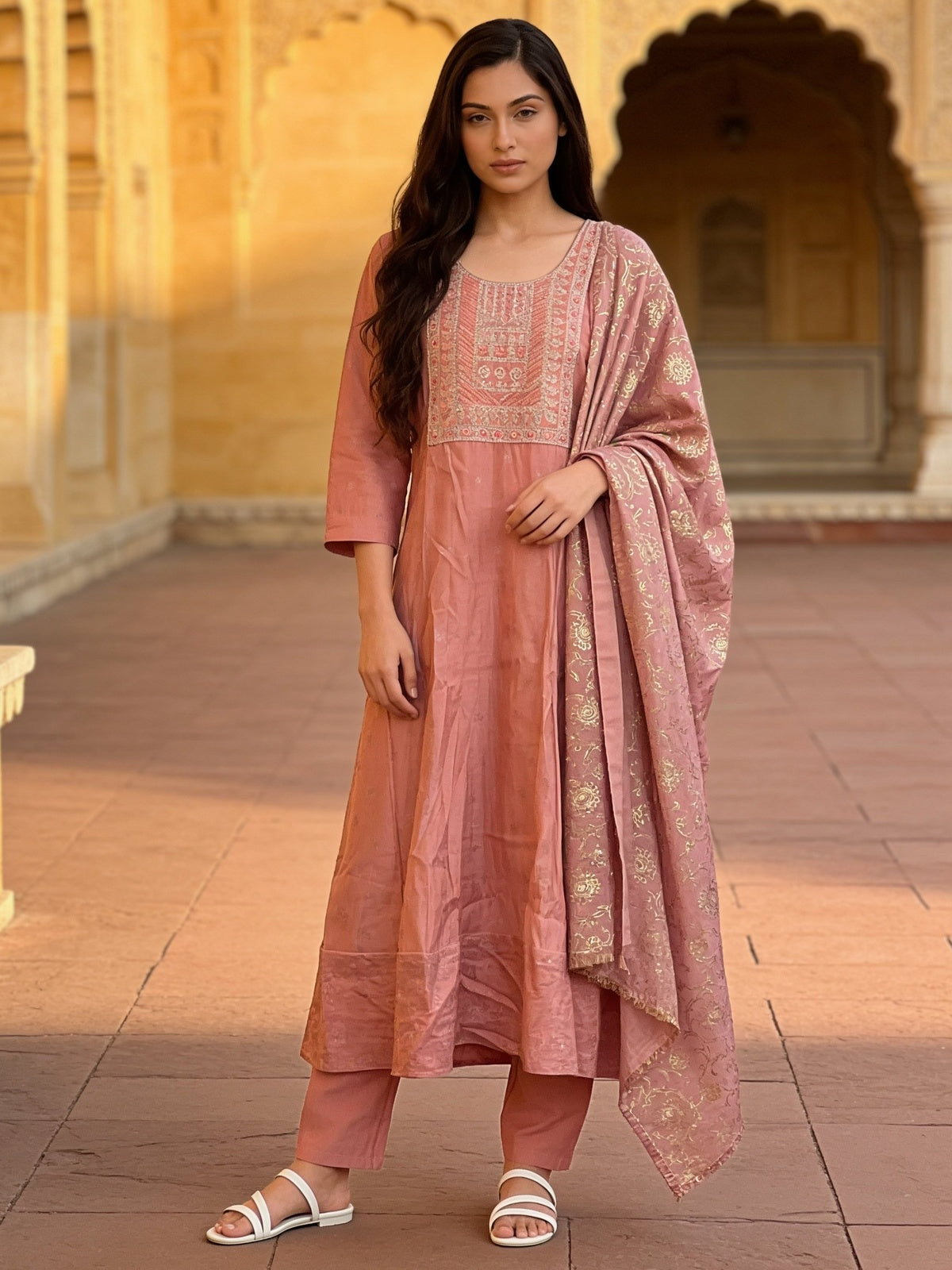 Buy Poly Viscose Embroidered Anarkali Calf Length Kurta With Pant and Dupatta-Peach