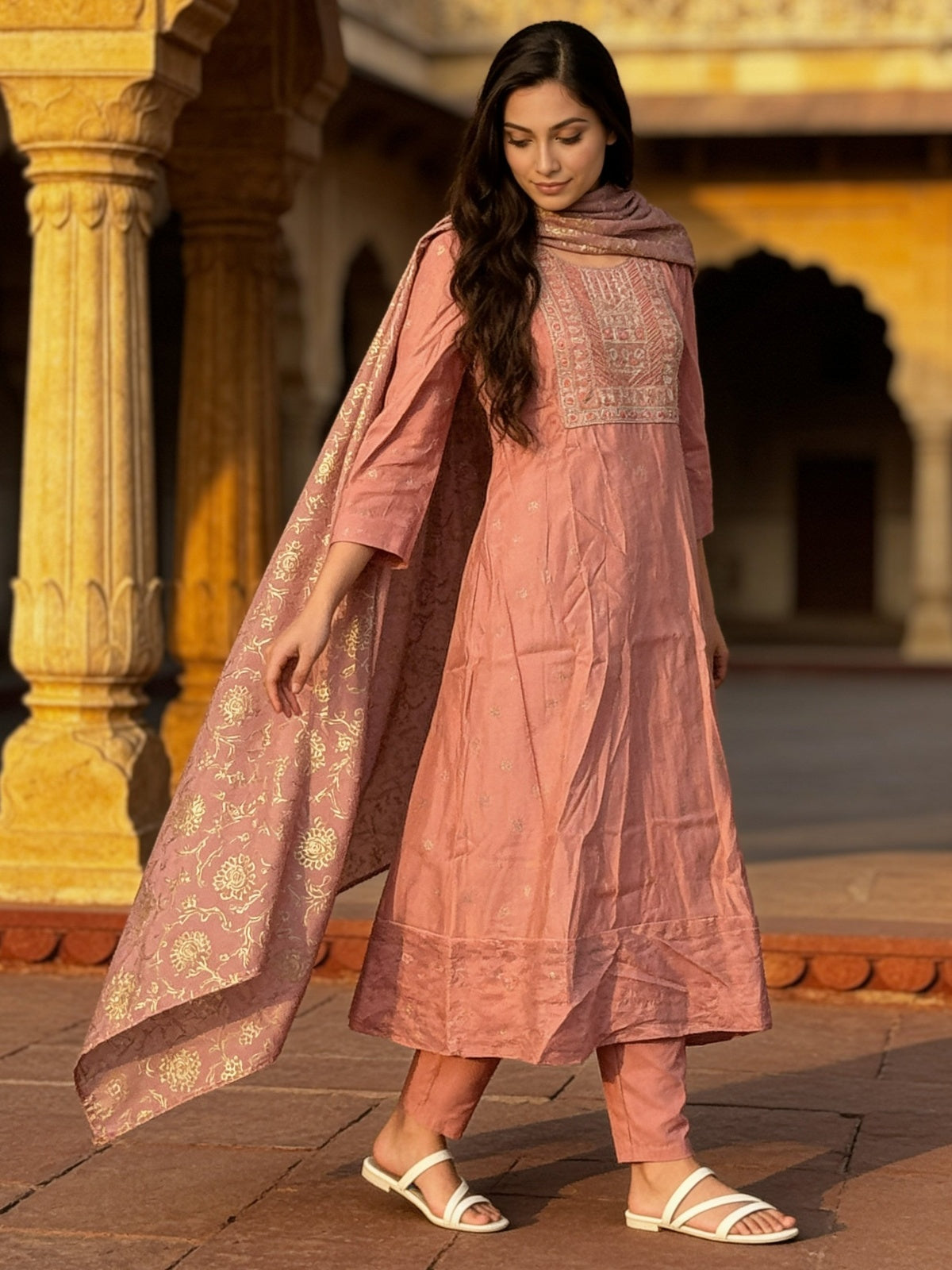 Poly Viscose Embroidered Anarkali Calf Length Kurta With Pant and Dupatta
