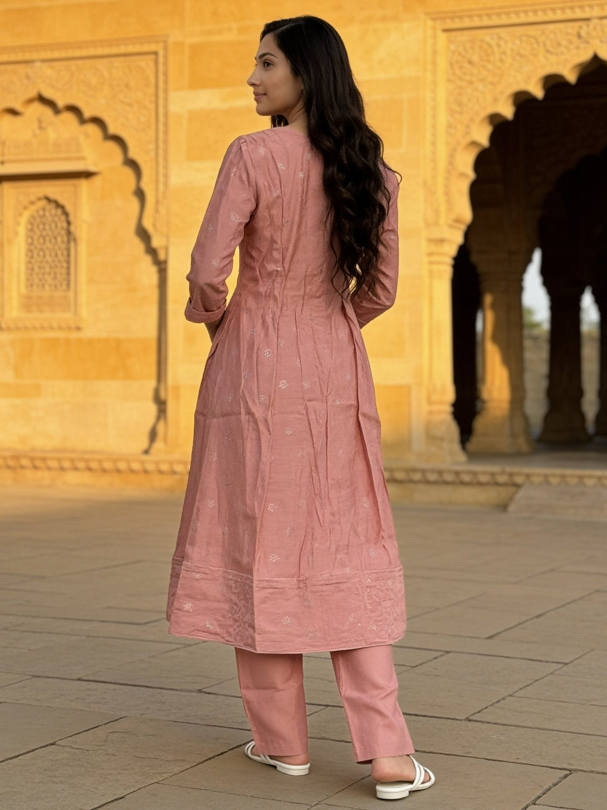 Buy Poly Viscose Embroidered Anarkali Calf Length Kurta With Pant and Dupatta-Peach