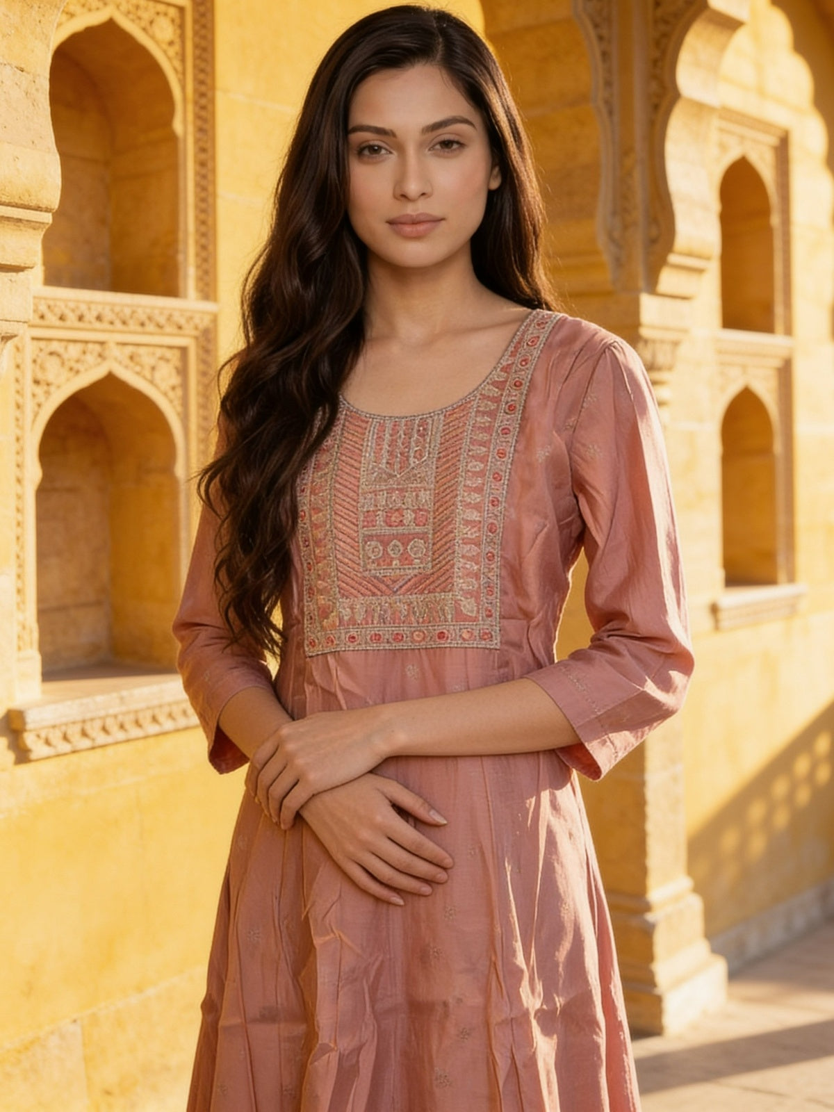 Poly Viscose Embroidered Anarkali Calf Length Kurta With Pant and Dupatta
