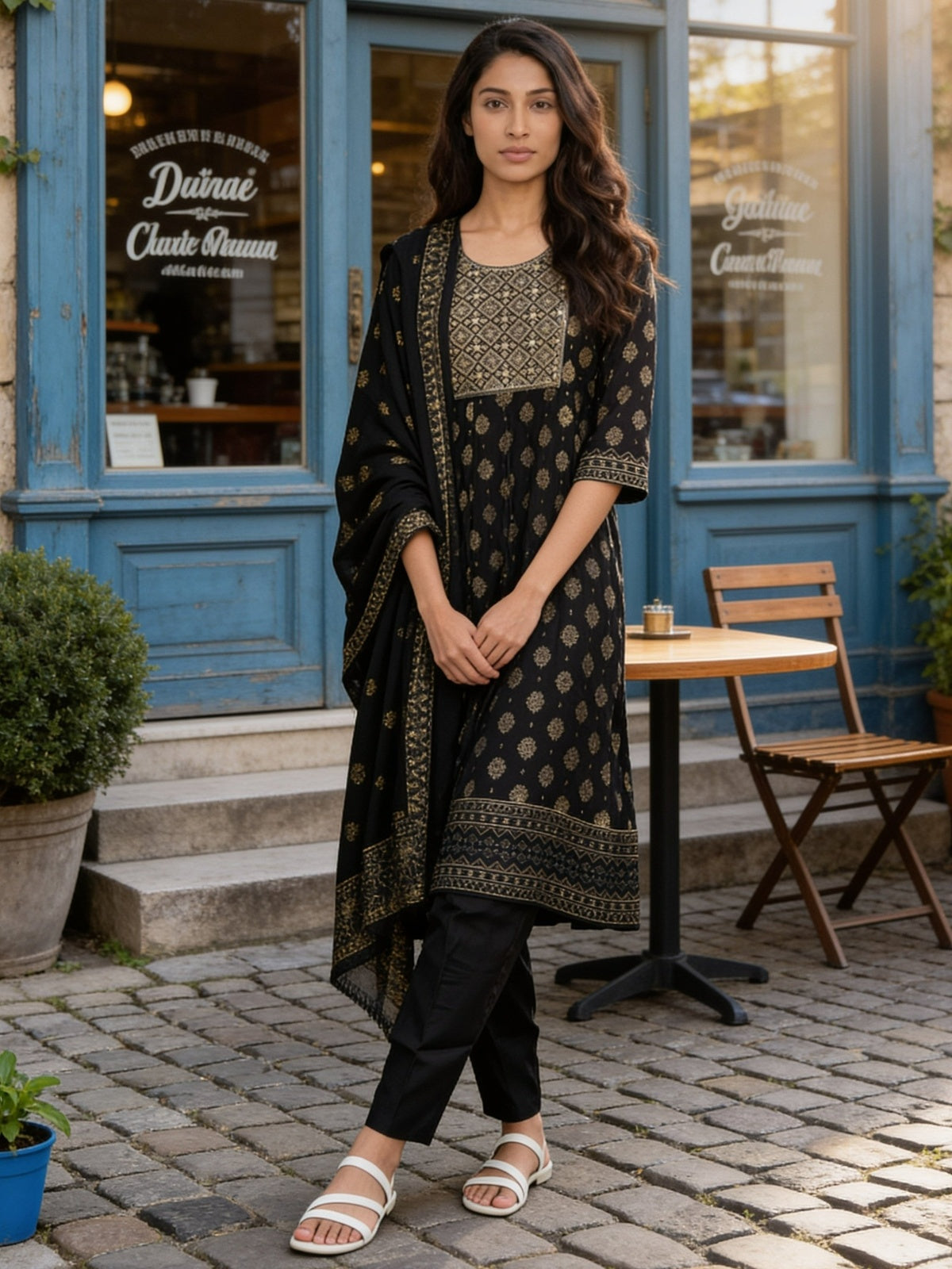 Poly Viscose Embroidered Anarkali Calf Length Kurta With Pant and Dupatta