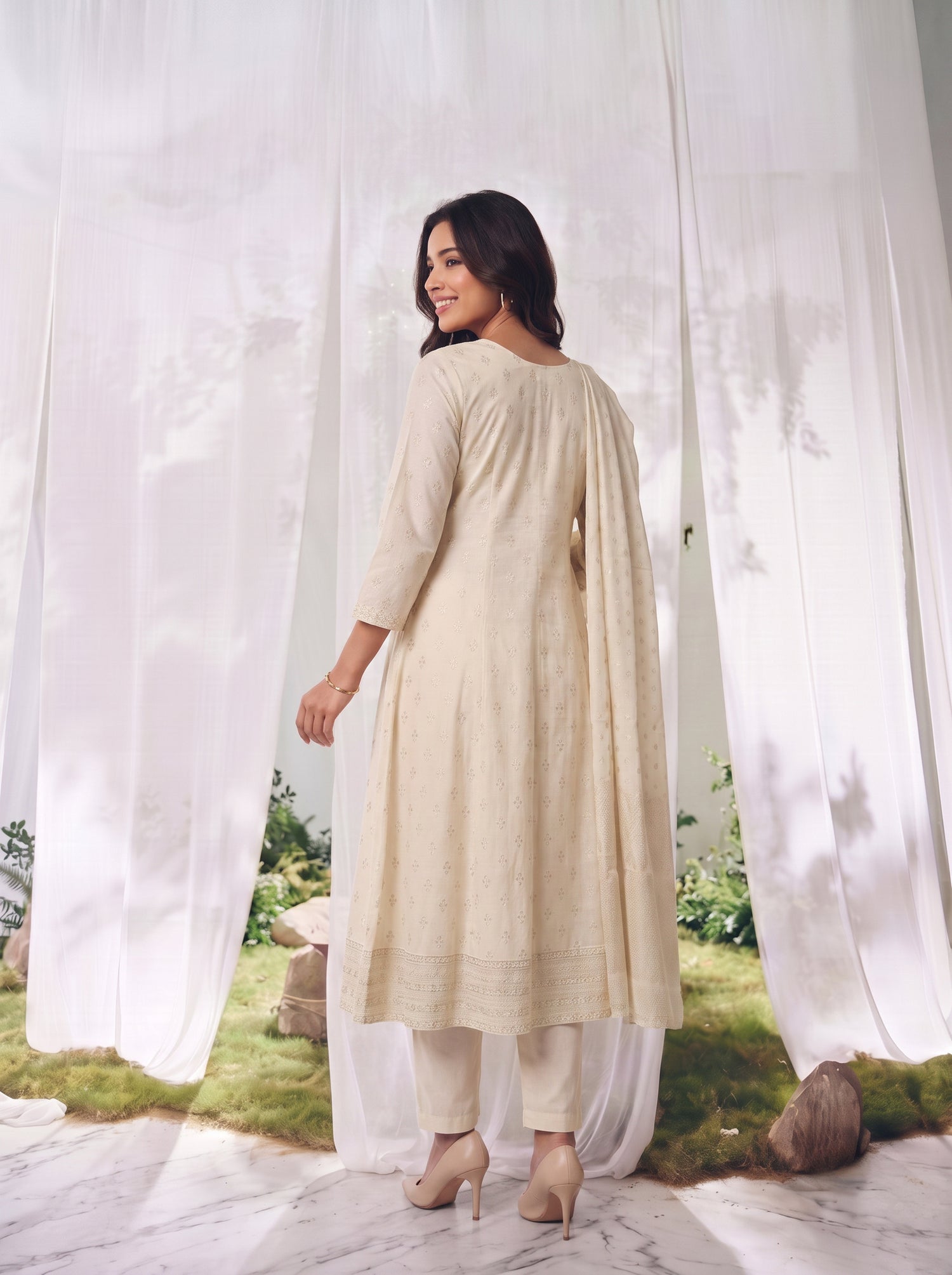 Buy Viscose Embroidered Straight Calf Length Kurta With Pant and Dupatta-Cream