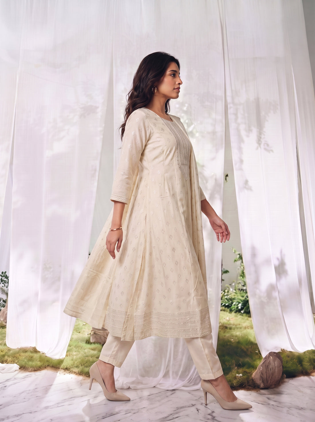 Buy Viscose Embroidered Straight Calf Length Kurta With Pant and Dupatta-Cream