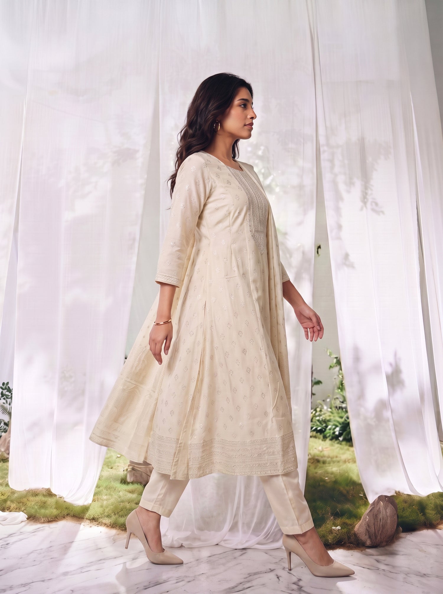 Buy Viscose Embroidered Straight Calf Length Kurta With Pant and Dupatta-Cream
