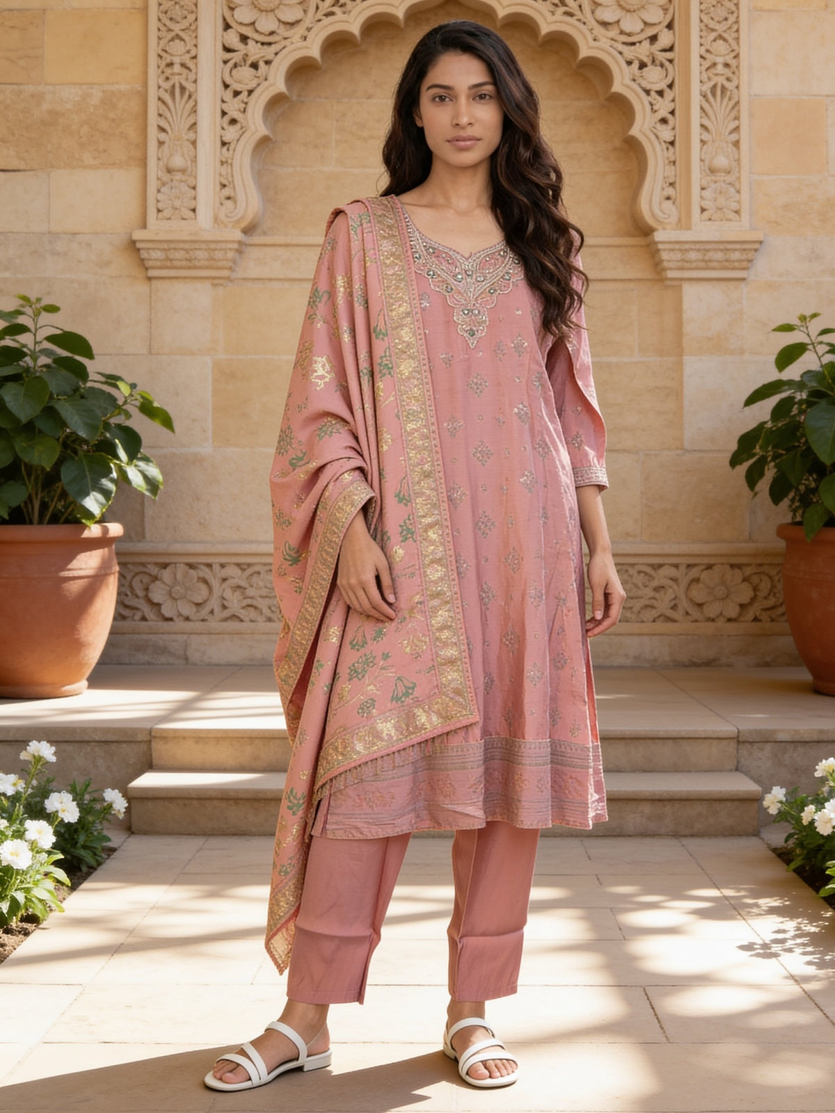Buy Poly Viscose Embroidered Anarkali Calf Length Kurta With Pant and Dupatta-Peach