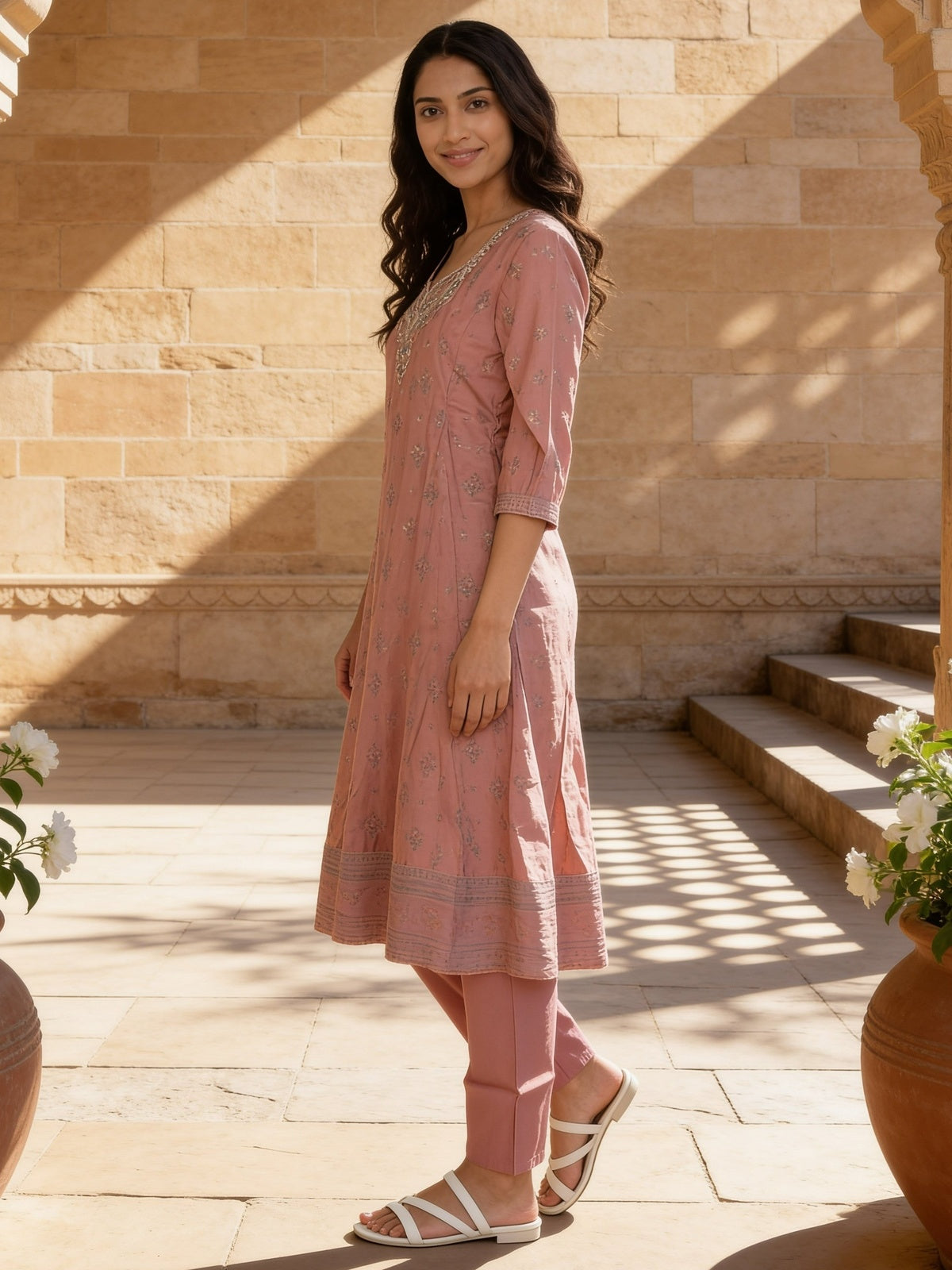 Buy Poly Viscose Embroidered Anarkali Calf Length Kurta With Pant and Dupatta-Peach