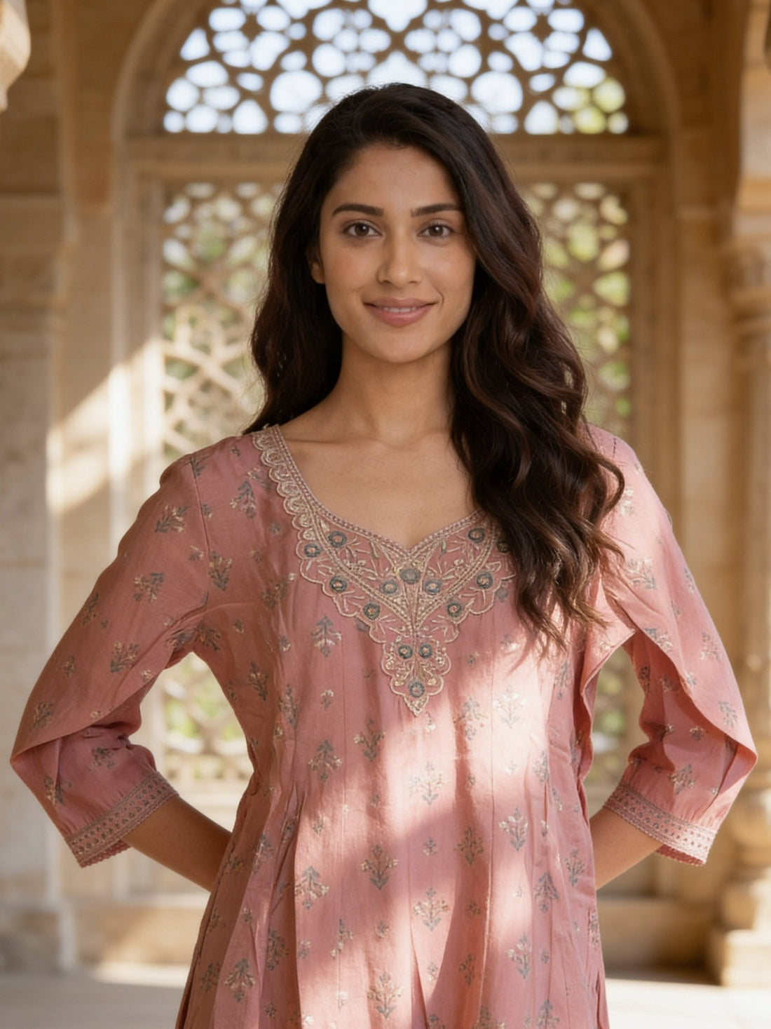 Buy Poly Viscose Embroidered Anarkali Calf Length Kurta With Pant and Dupatta-Peach