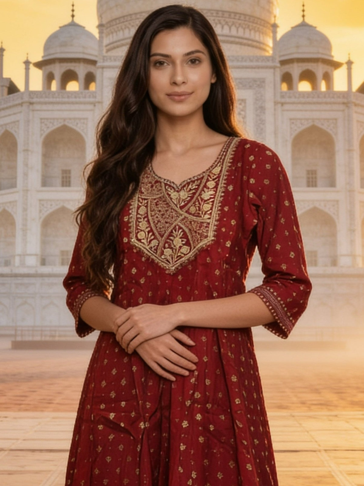 Poly Viscose Embroidered Anarkali Calf Length Kurta With Pant and Dupatta