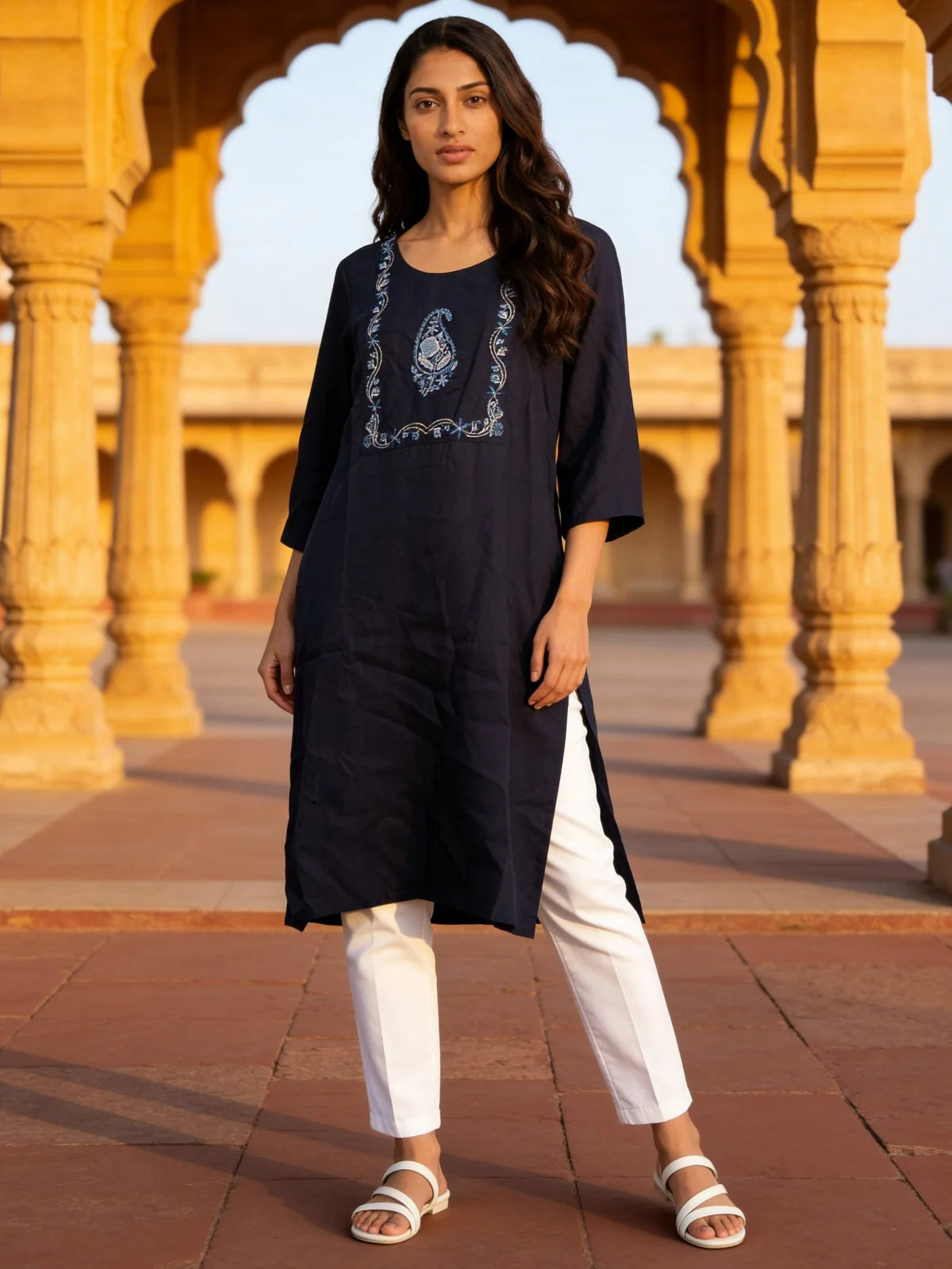 Buy Rayon Embroidered Straight Knee Length Kurta-Blue