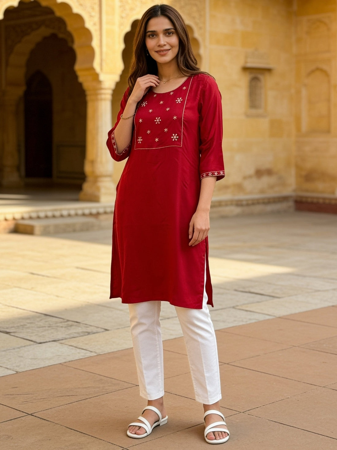 Buy Rayon Embroidered Straight Knee Length Kurta-Fuschia