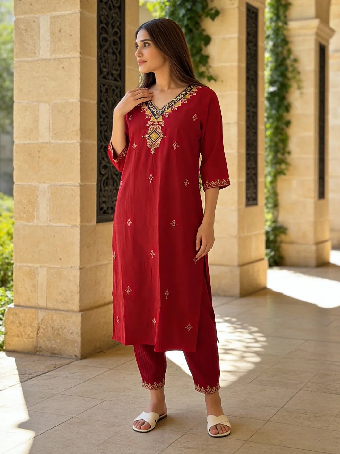 Buy Poly Viscose Embroidered Straight Calf Length Kurta and Pant with Dupatta-Pink