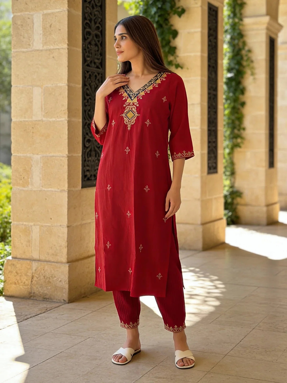 Buy Poly Viscose Embroidered Straight Calf Length Kurta and Pant with Dupatta-Pink