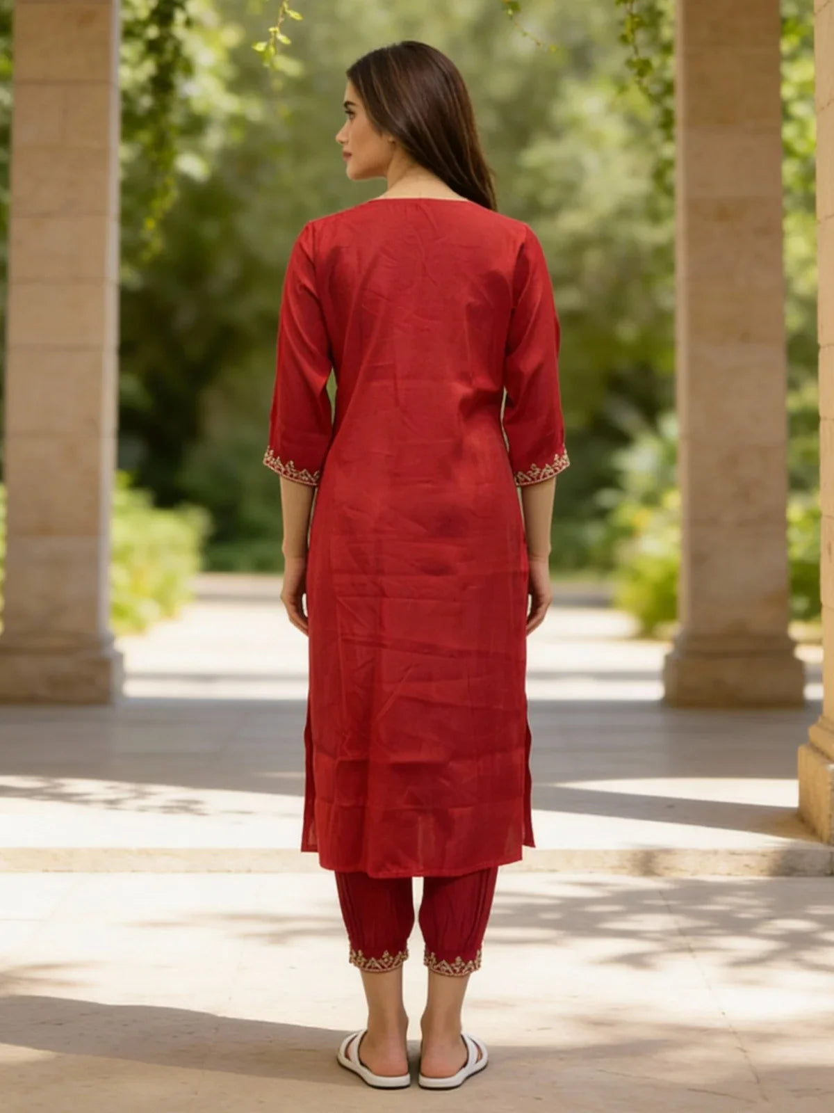 Buy Poly Viscose Embroidered Straight Calf Length Kurta and Pant with Dupatta-Pink