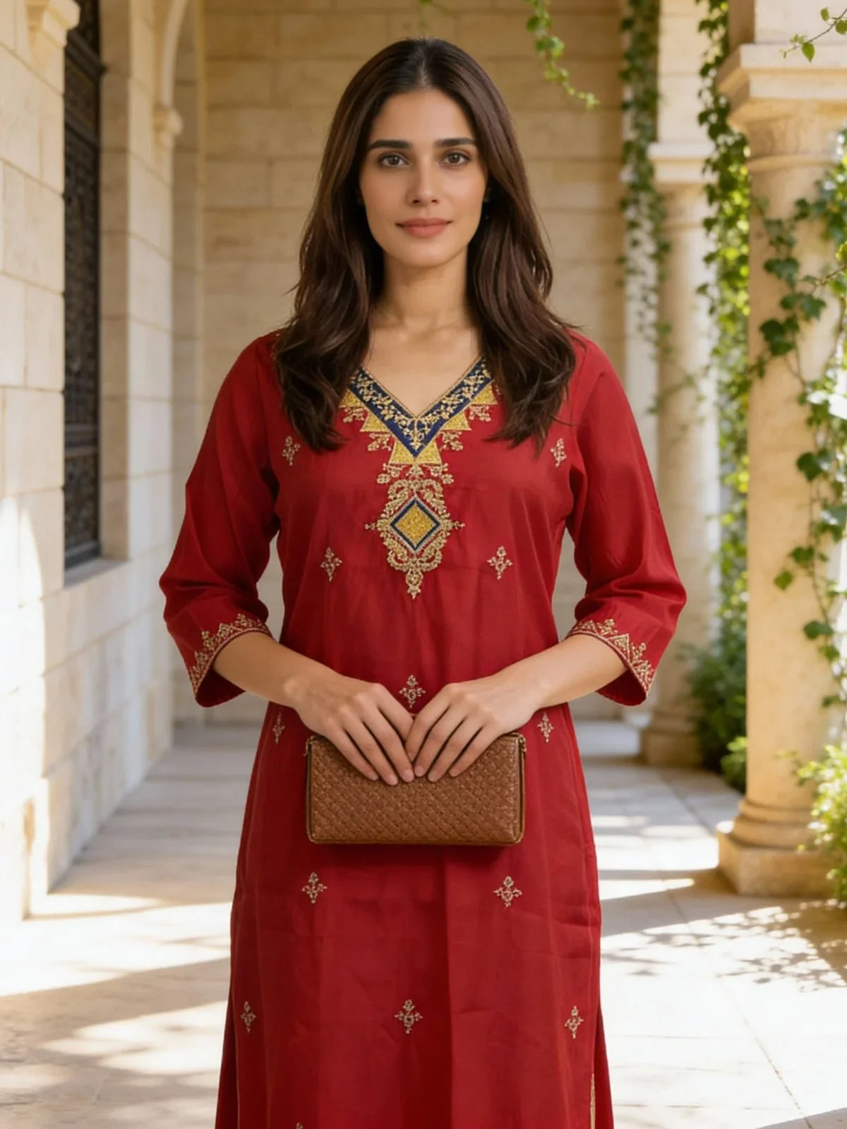 Buy Poly Viscose Embroidered Straight Calf Length Kurta and Pant with Dupatta-Pink