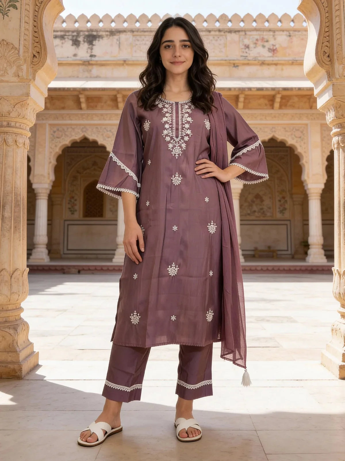 Buy Poly Viscose Embroidered Straight Calf Length Kurta and Pant with Dupatta-Mauve