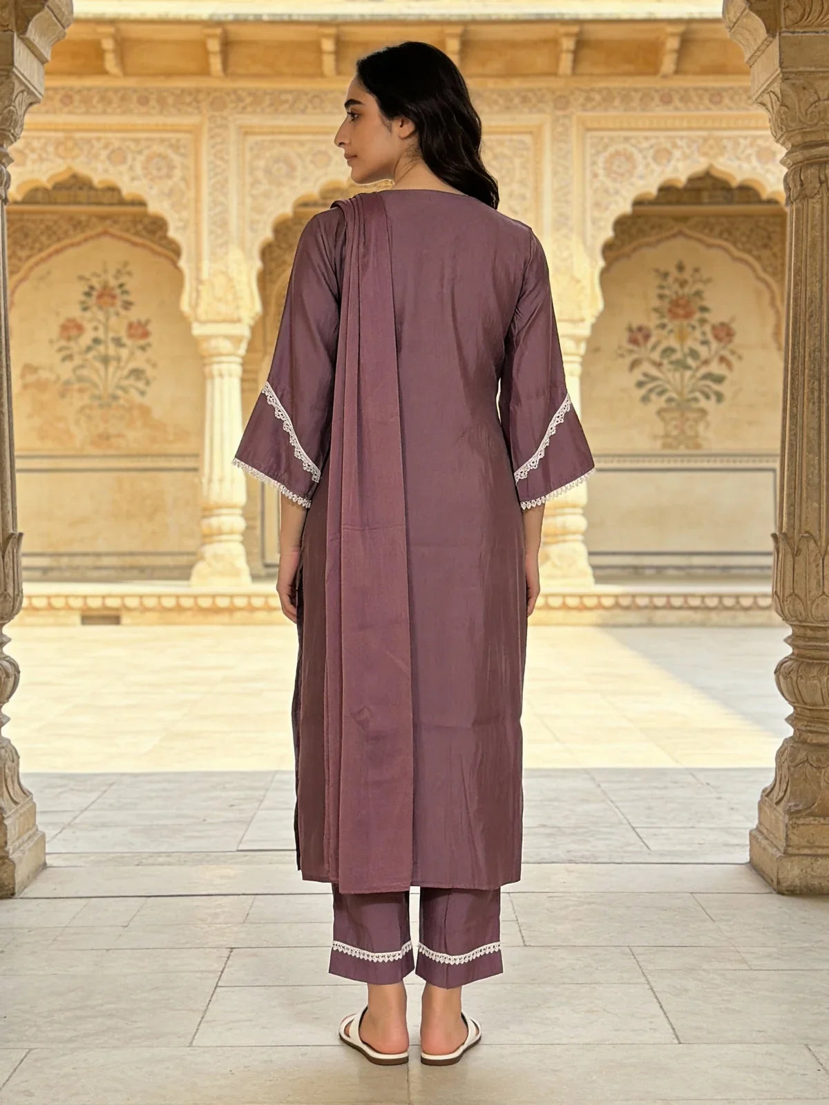 Buy Poly Viscose Embroidered Straight Calf Length Kurta and Pant with Dupatta-Mauve