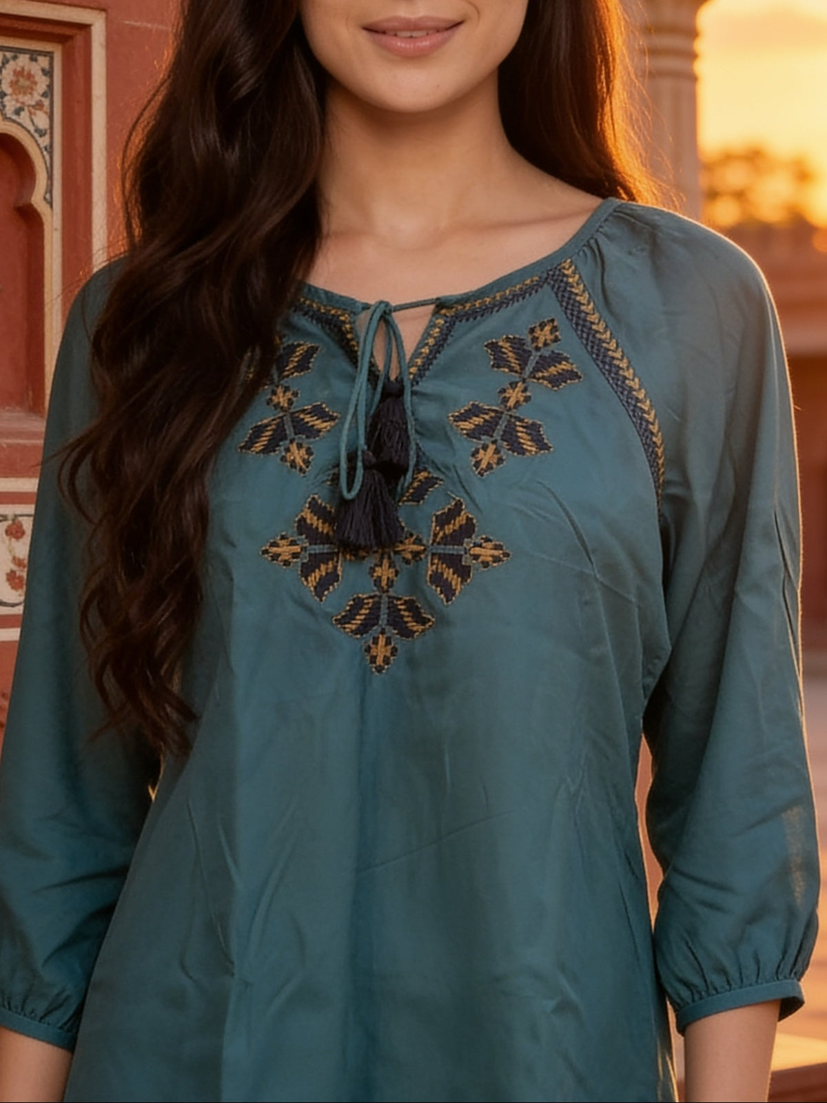 Buy Rayon Embroidered Straight Short Kurta-Teal