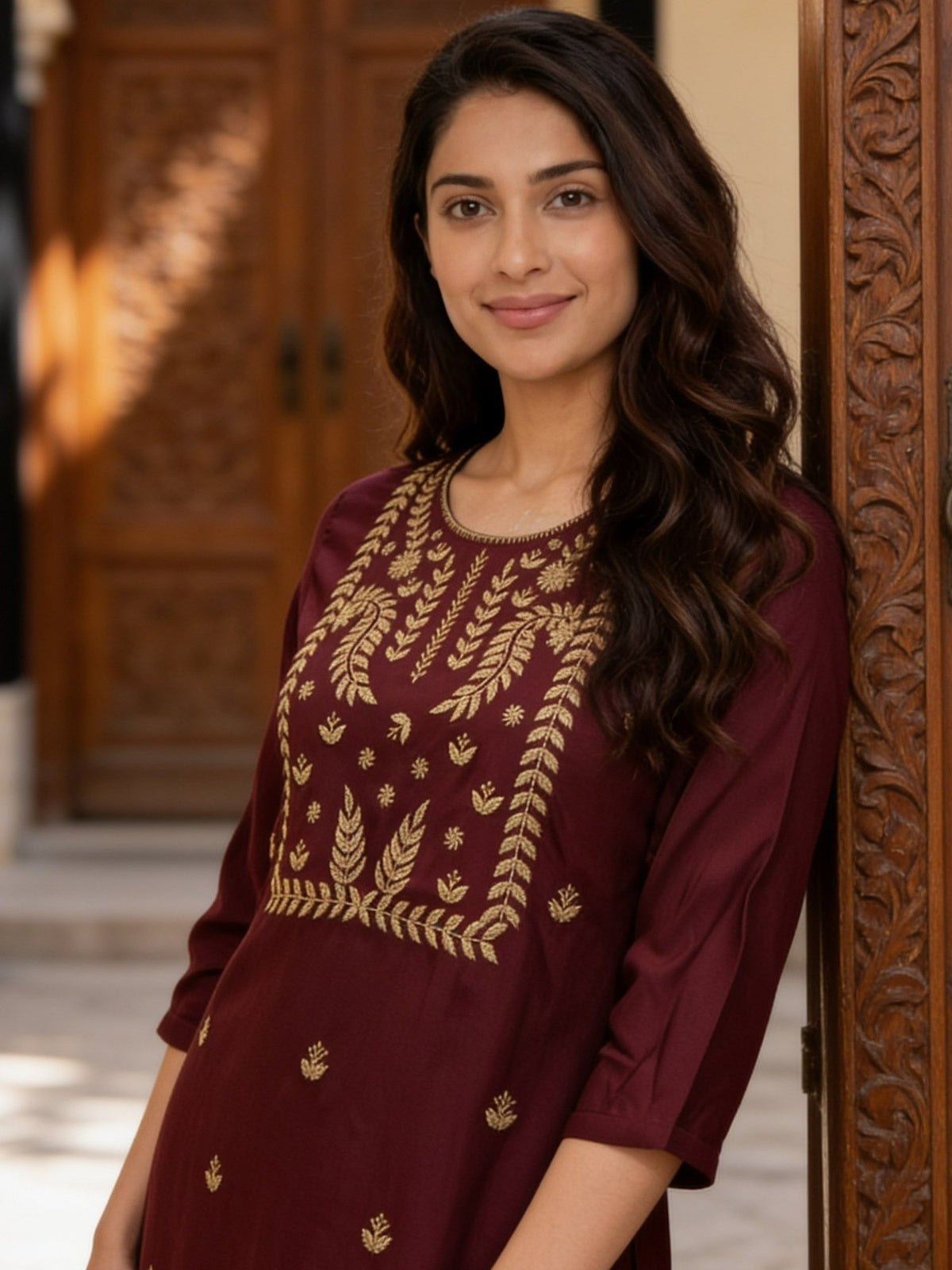 Buy Rayon Embroidered A-Line Short Length Short Kurta-Wine