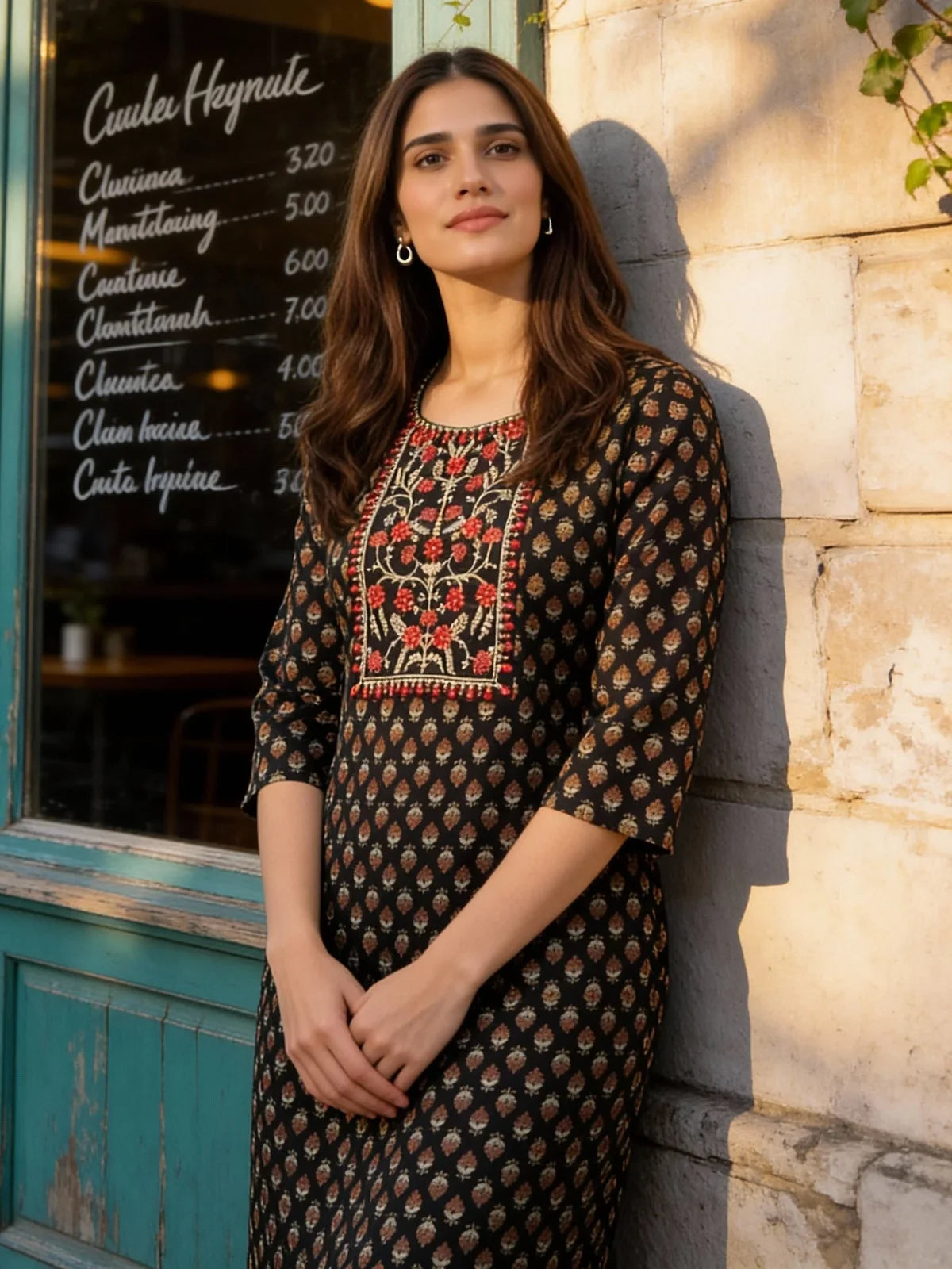 Buy Rayon Embroidered Straight Calf Length Kurta-Black