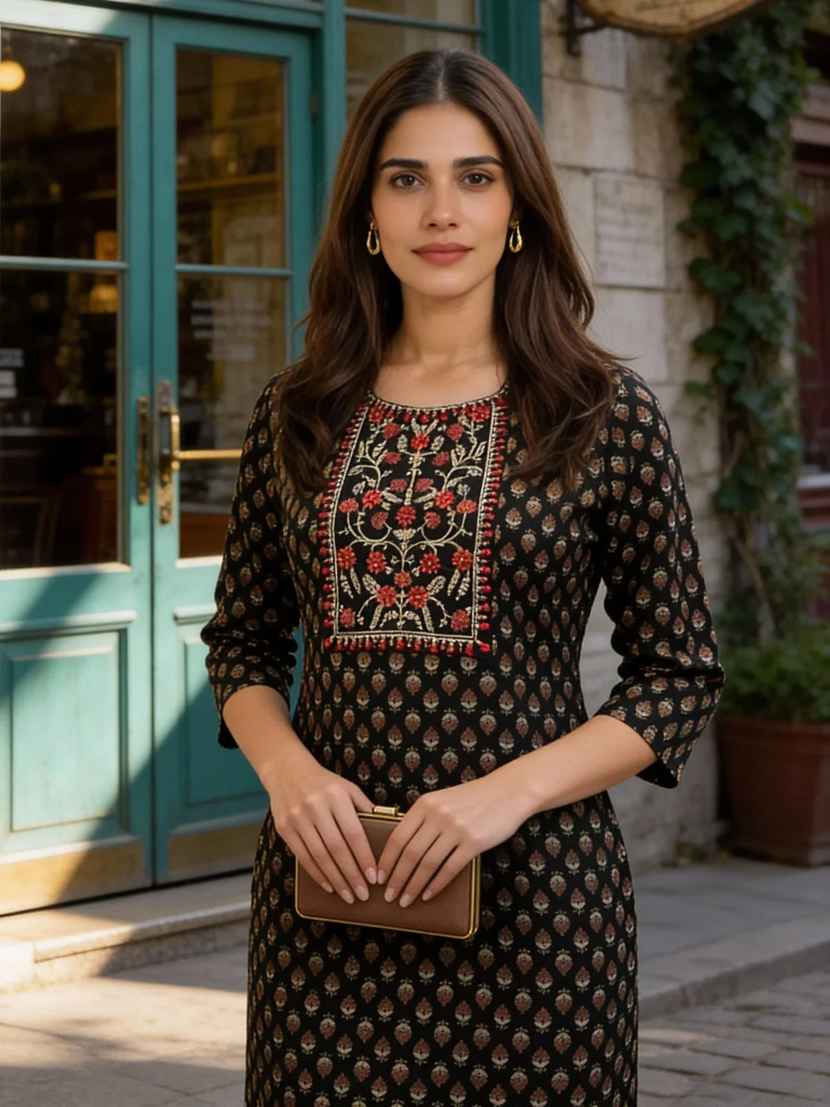 Buy Rayon Embroidered Straight Calf Length Kurta-Black