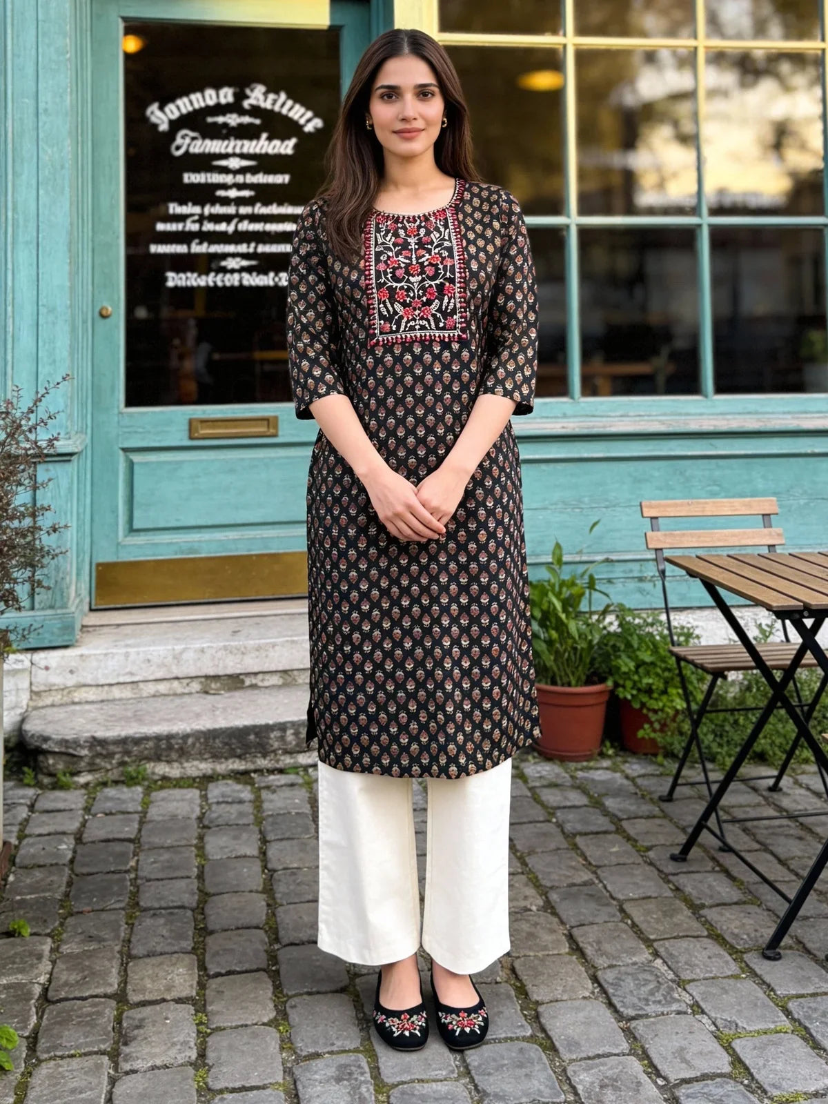 Buy Rayon Embroidered Straight Calf Length Kurta-Black