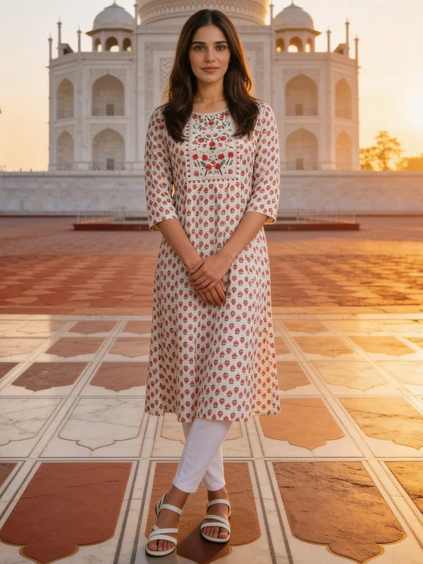 Buy Cream Rayon Embroidered Anarkali Calf Length Kurta-Cream & Red