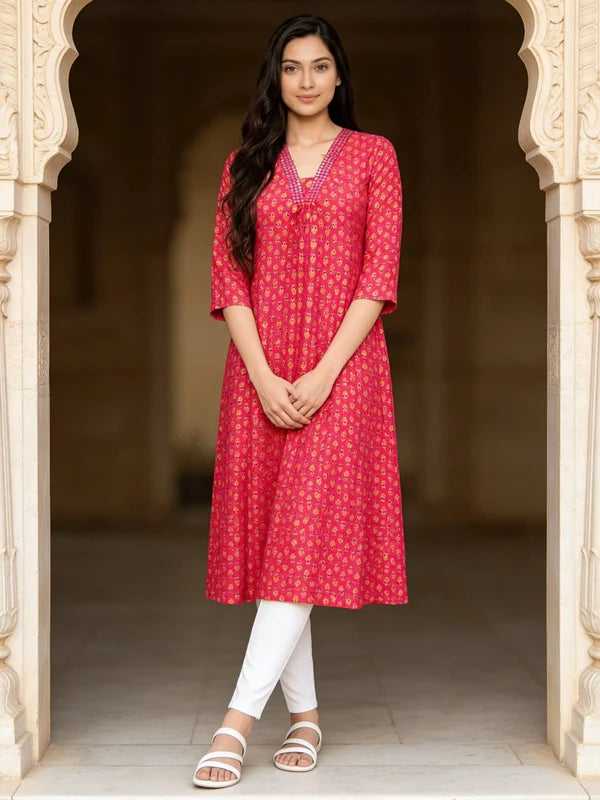 Buy Pink Rayon Embroidered A-Line Calf Length Kurta-Rani Pink & Gold