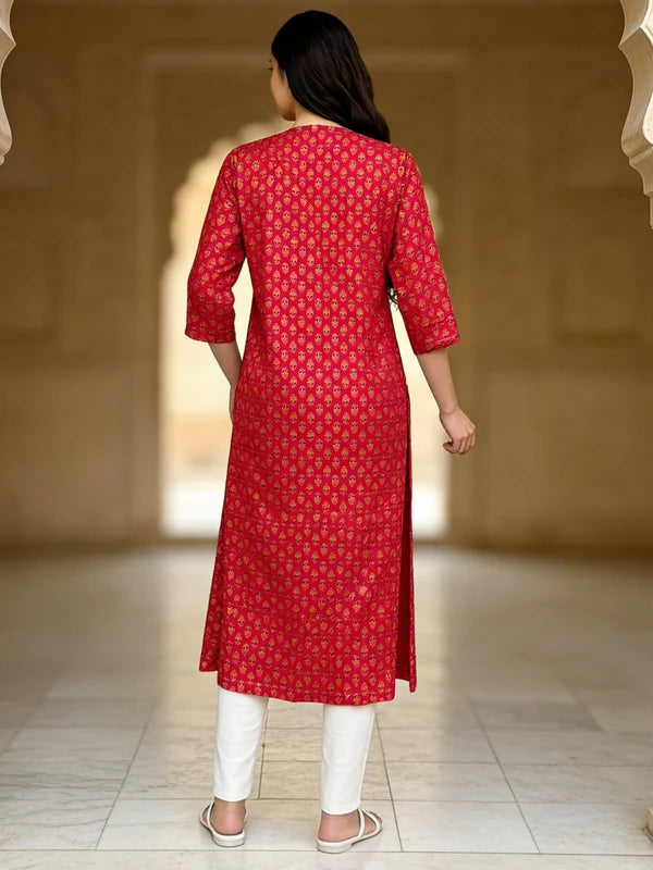Buy Rayon Embroidered A-Line Calf Length Kurta-Rani Pink & Gold
