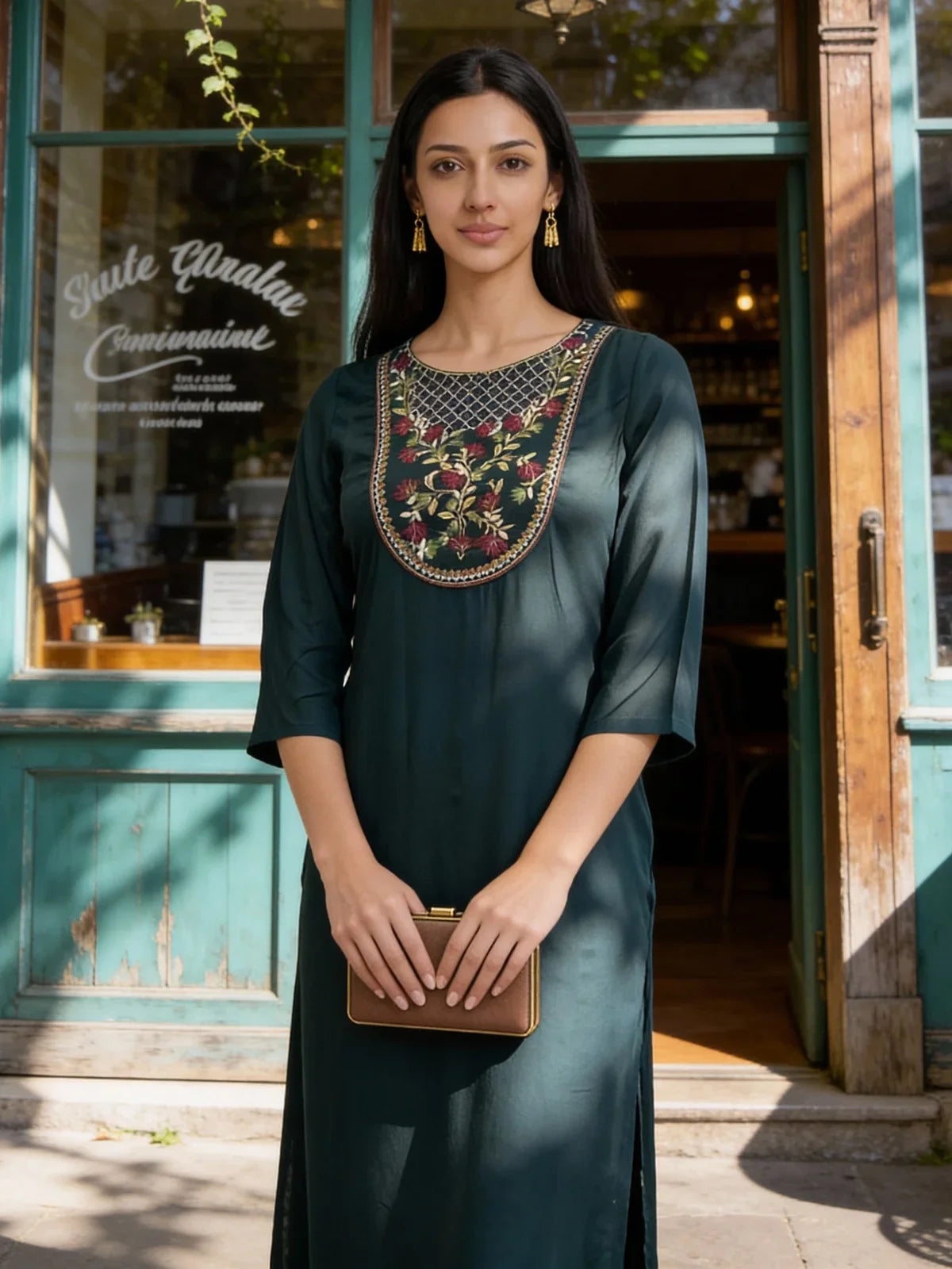 Buy Rayon Embroidered Straight Calf Length Kurta-Green