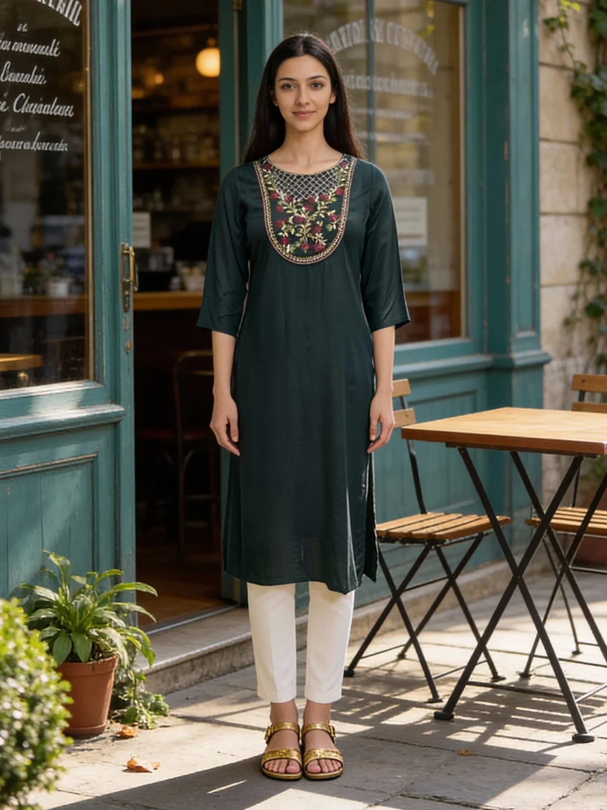 Buy Rayon Embroidered Straight Calf Length Kurta-Green