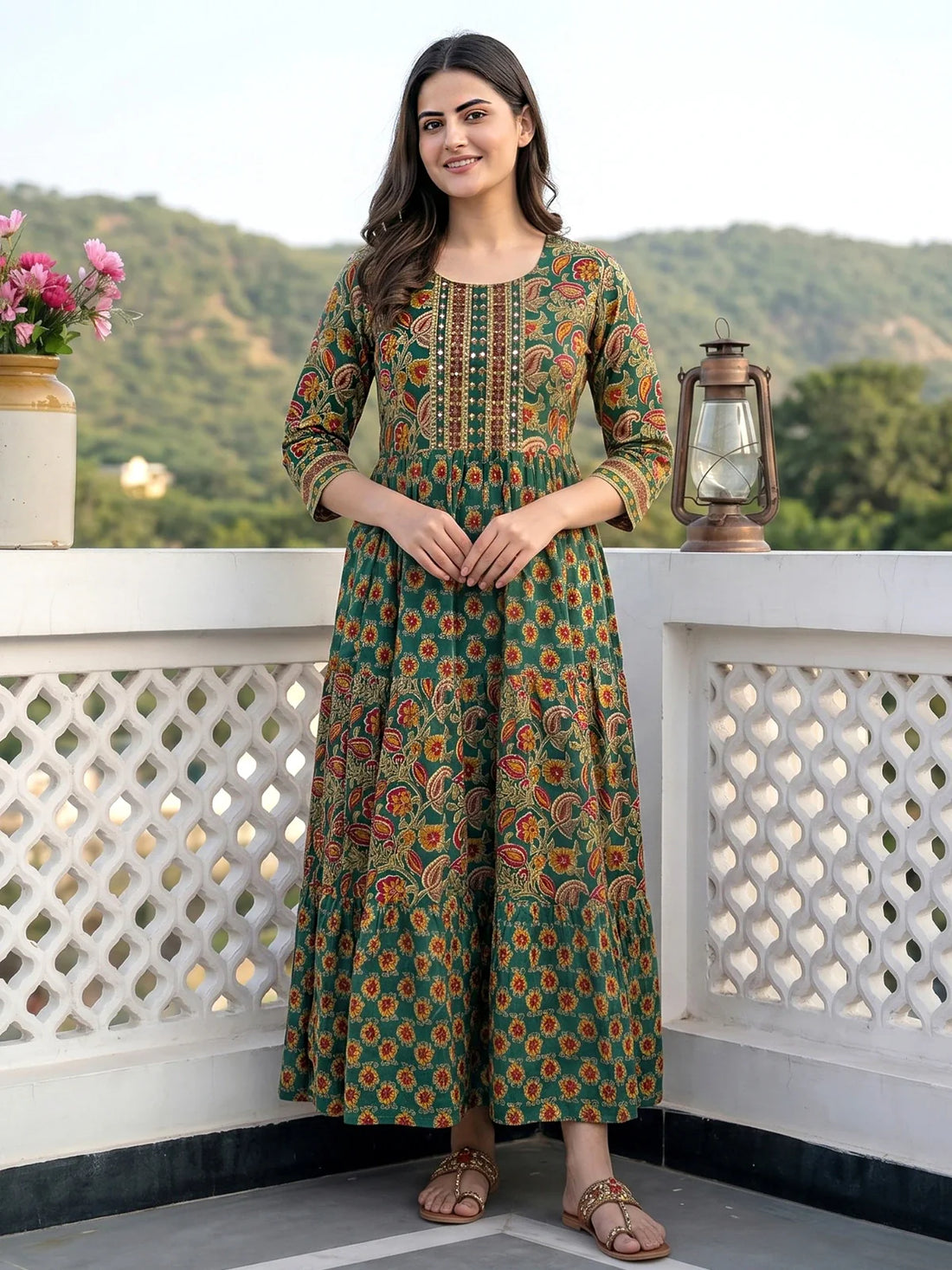 Buy Cotton Printed Flared Calf Length Dress-Green