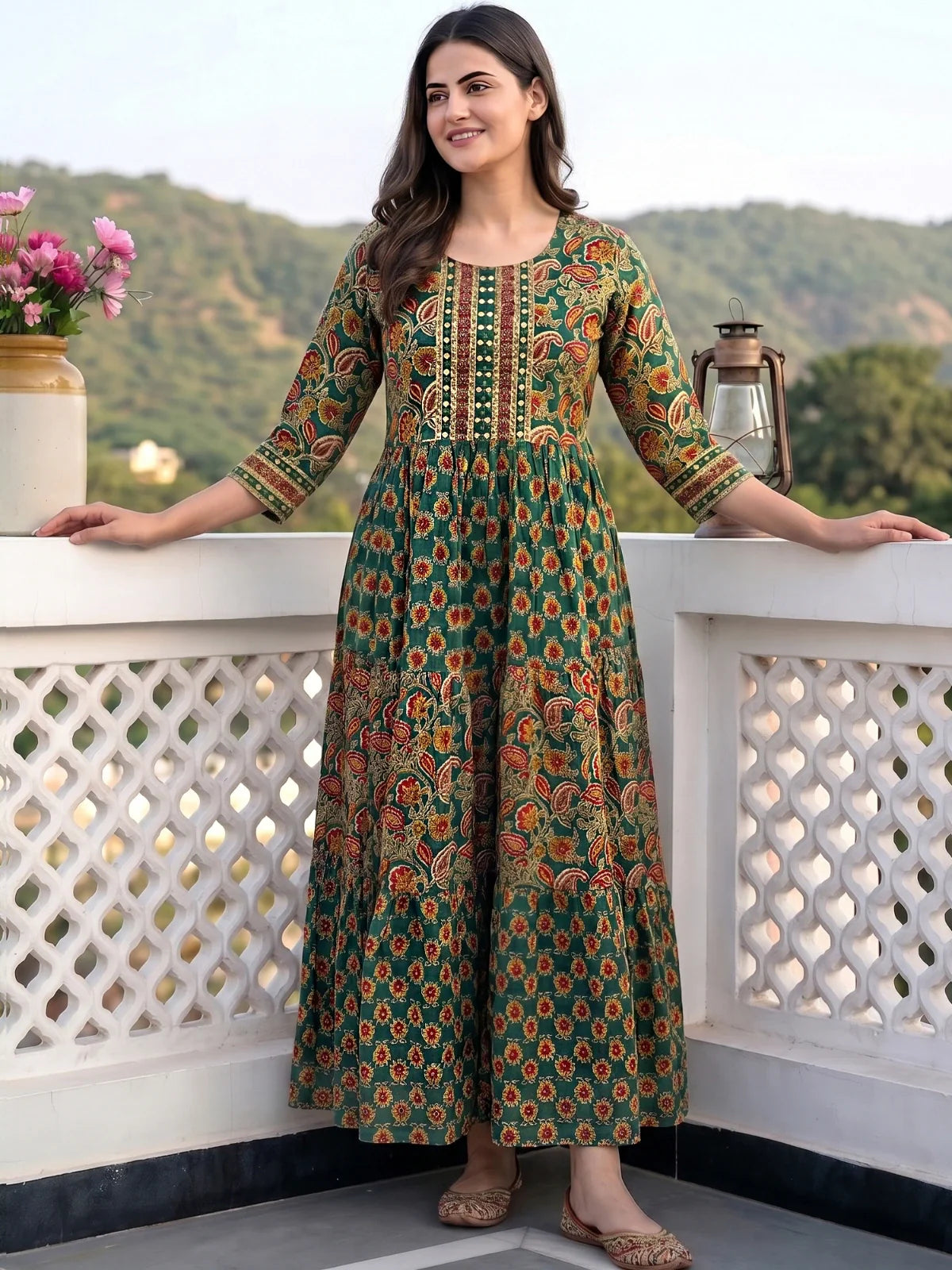 Cotton Printed Flared Calf Length Dress –Rangita