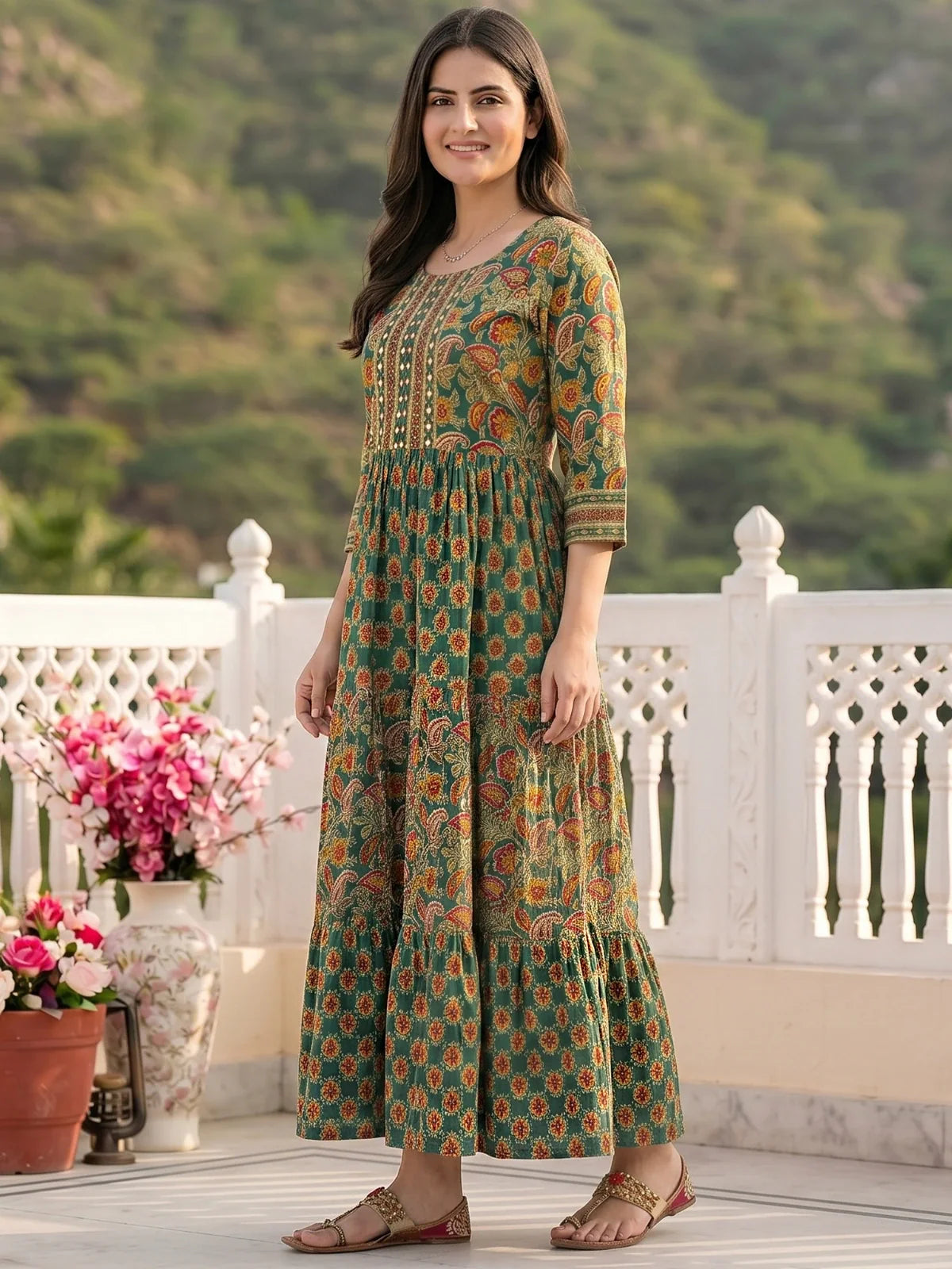 Buy Cotton Printed Flared Calf Length Dress-Green