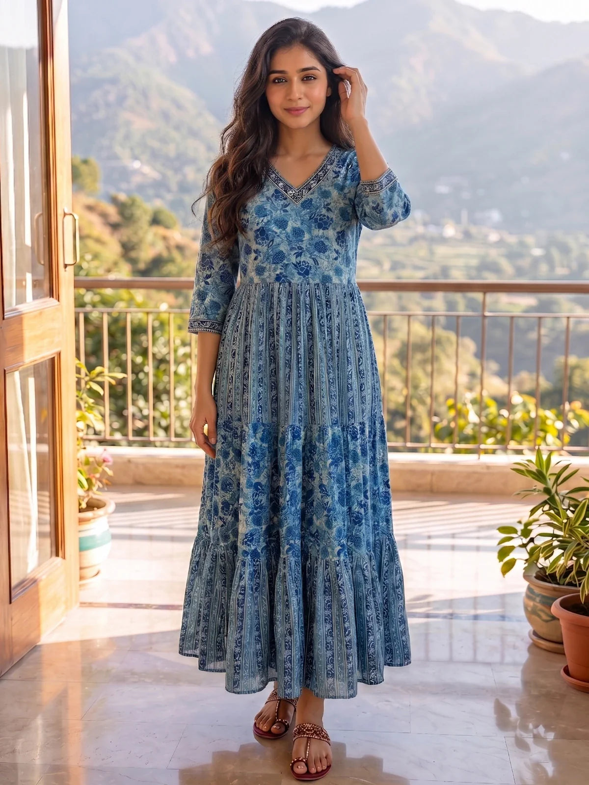 Buy Cotton Printed Tiered Calf Length Dress-Sea Green