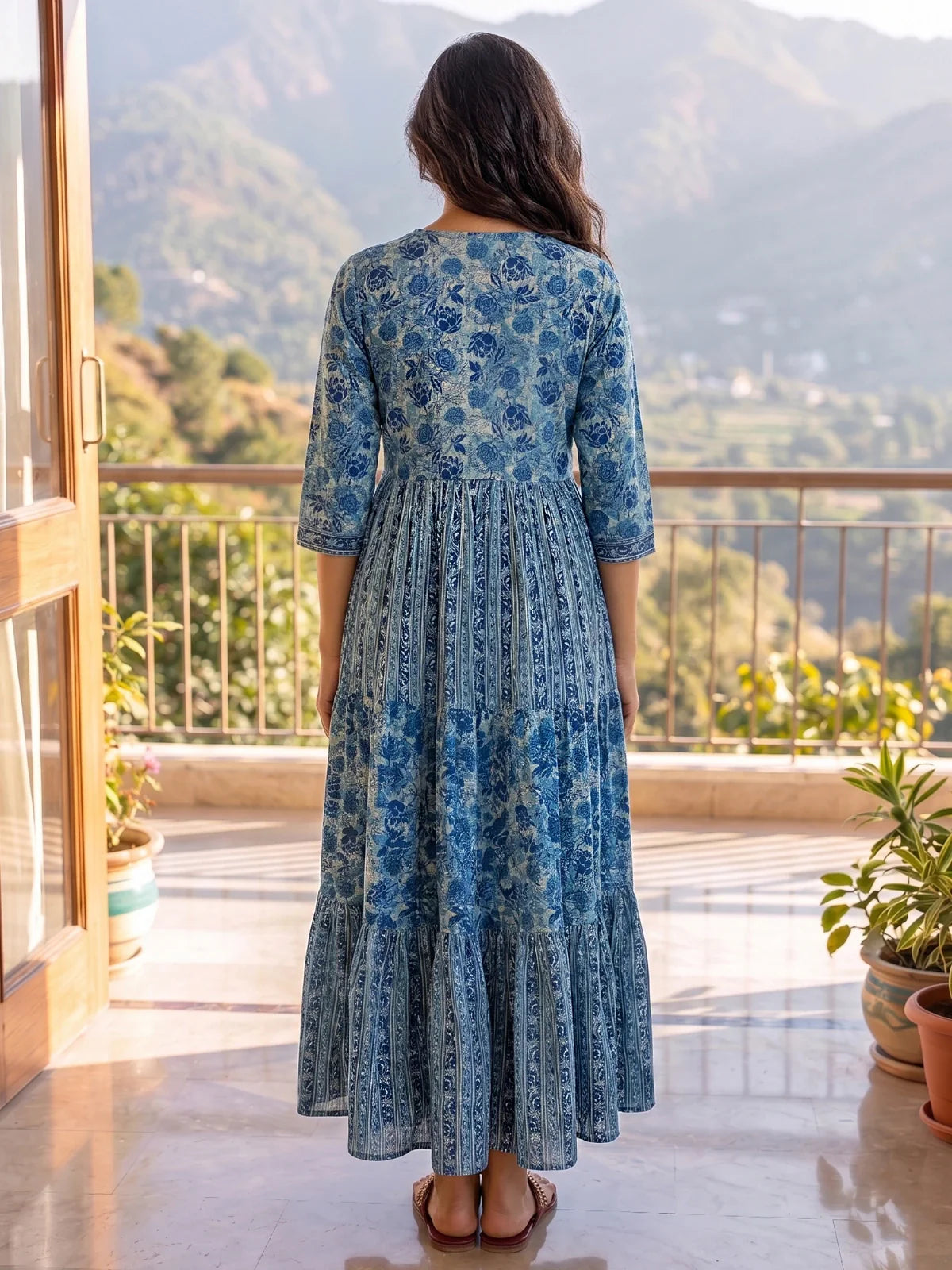 Buy Cotton Printed Tiered Calf Length Dress-Sea Green