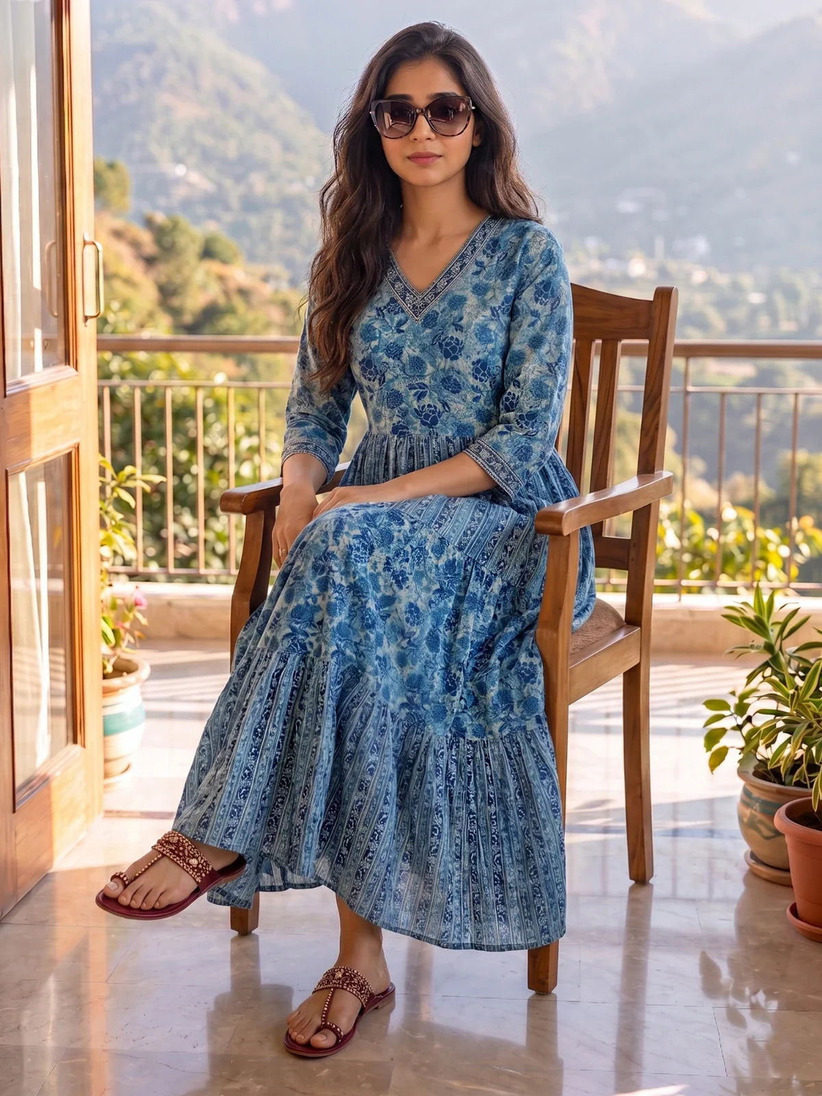 Buy Cotton Printed Tiered Calf Length Dress-Sea Green