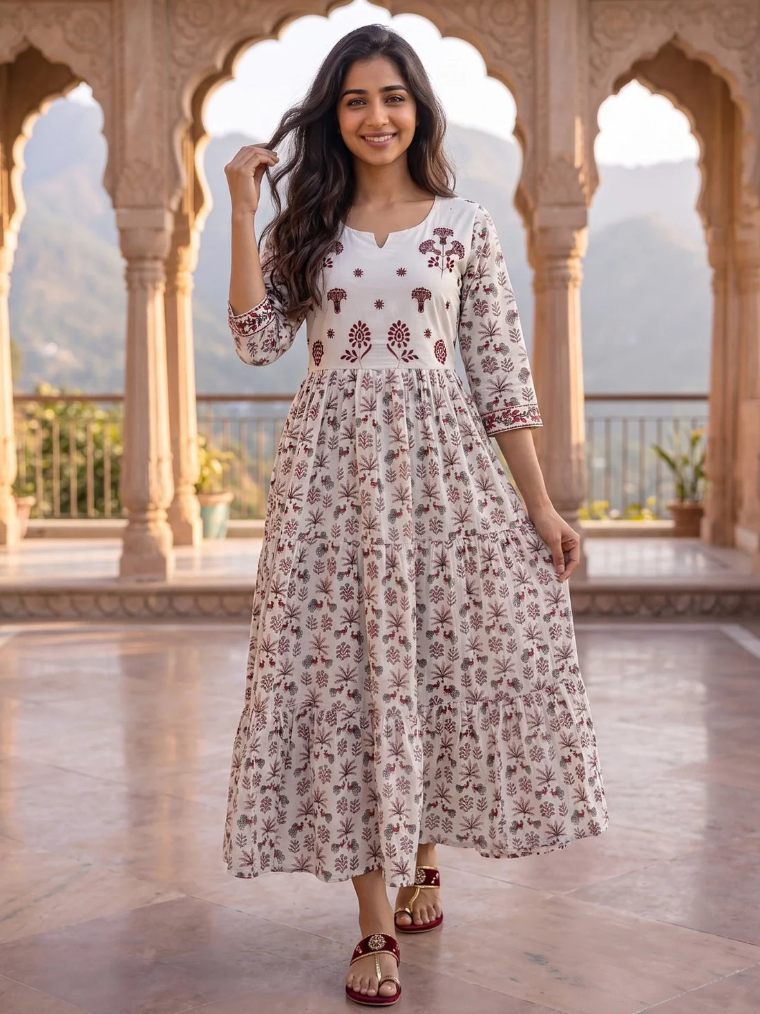 Buy Cotton Embroidered Tiered Calf Length Dress-White